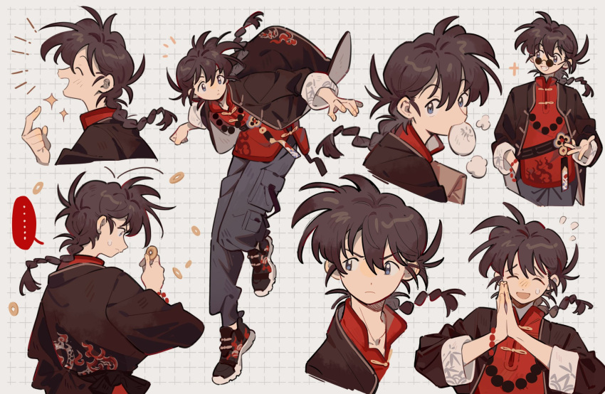 ... 1boy baozi black_jacket blue_eyes blue_pants brown_hair chinese_clothes copyright_request denim food food_in_mouth grid_background highres jacket jeans looking_to_the_side multiple_views pants ranma_1/2 red_shirt saotome_ranma shirt siyer_(siyeyeyeyer) smile solo sparkle speech_bubble spoken_ellipsis white_background