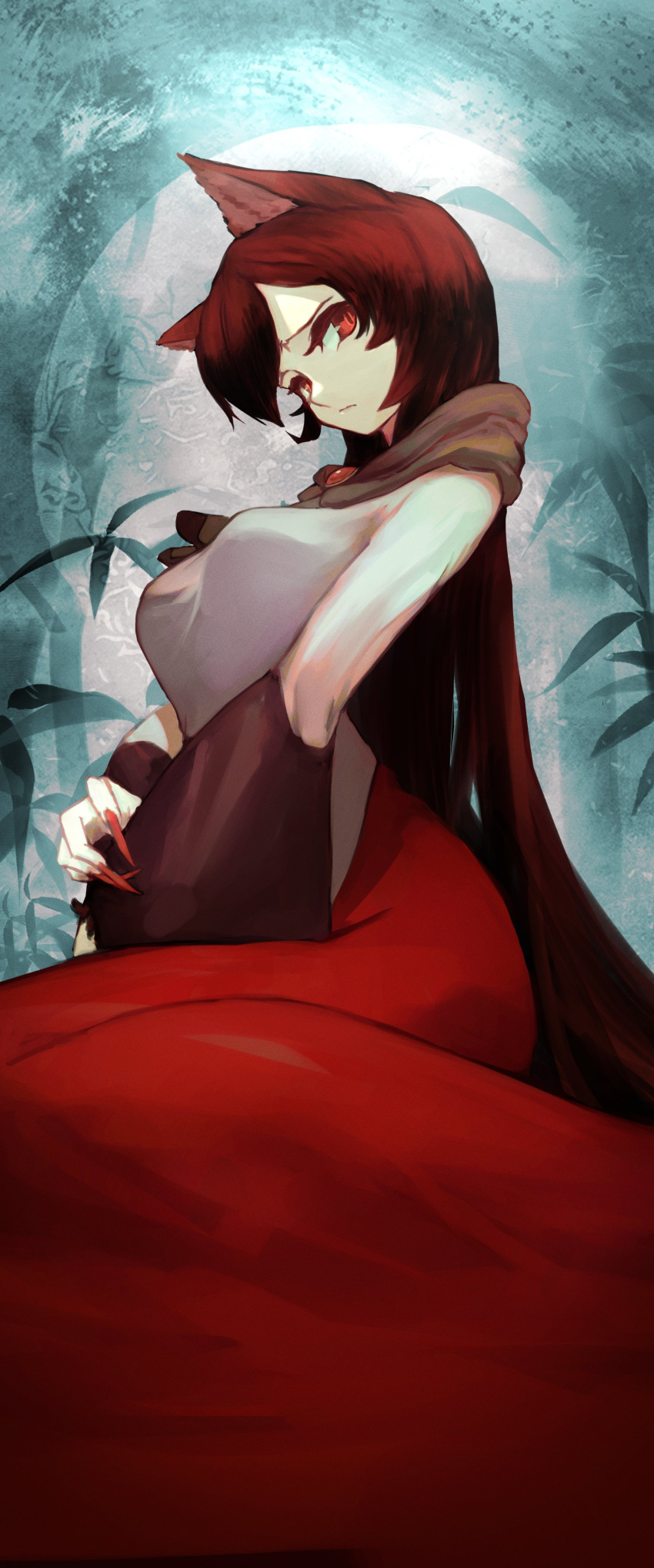 1girl absurdres animal_ears bamboo breasts brooch brown_hair full_moon highres imaizumi_kagerou jewelry long_hair mizuki_0630 moon red_eyes red_nails solo touhou wolf_ears wolf_girl