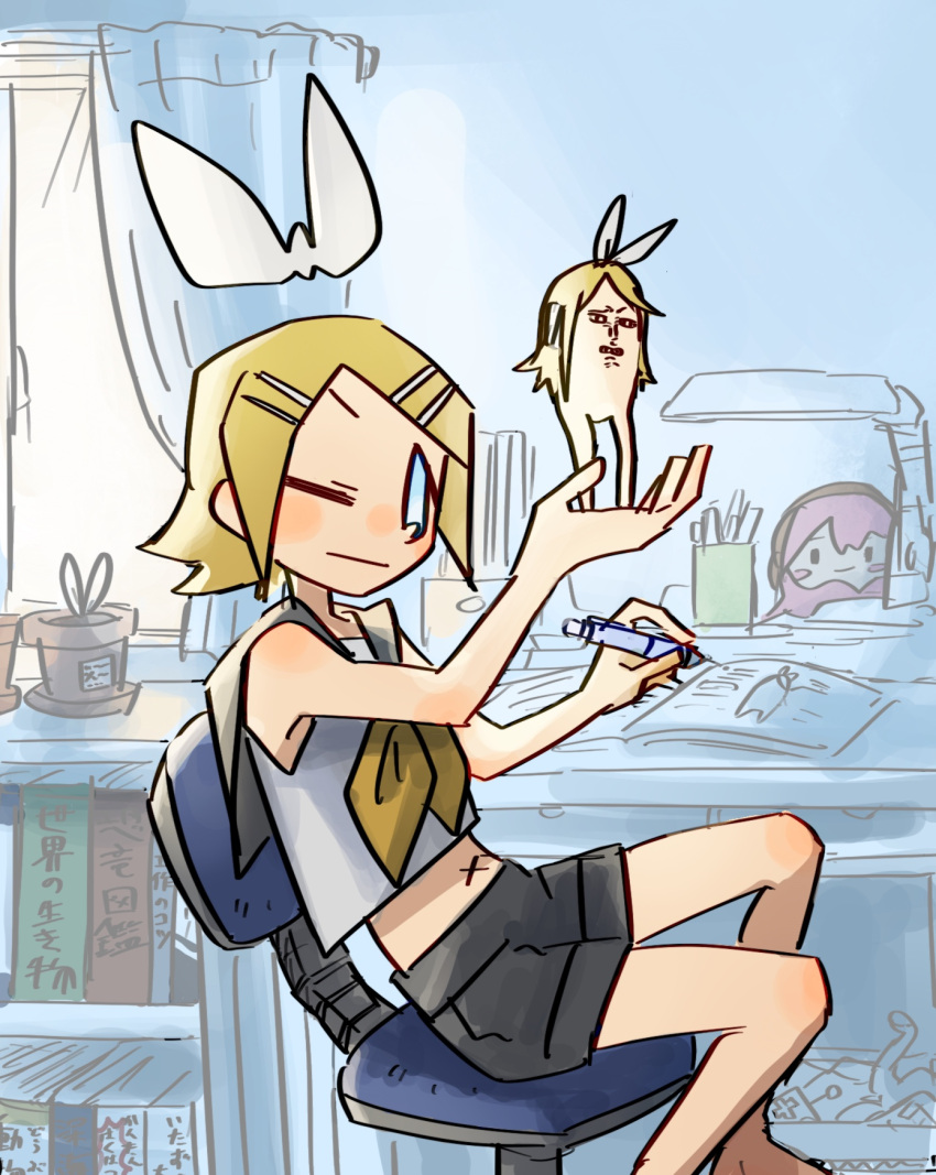 1girl :/ bedroom black_sailor_collar black_shorts blonde_hair blue_eyes blush book bookshelf bow chair character_doll closed_mouth cropped_shirt day desk desk_lamp drawing_(action) feet_out_of_frame figure hair_bow hair_ornament hairclip highres holding holding_pen indoors kagamine_rin lamp looking_at_object megurine_luka midriff nata_shelf neckerchief office_chair one_eye_closed open_book pen rin_no_youchuu sailor_collar shirt short_hair short_shorts shorts sitting sleeveless sleeveless_shirt solo swivel_chair takoluka translation_request v-shaped_eyebrows vocaloid white_bow white_shirt window x_navel yellow_neckerchief