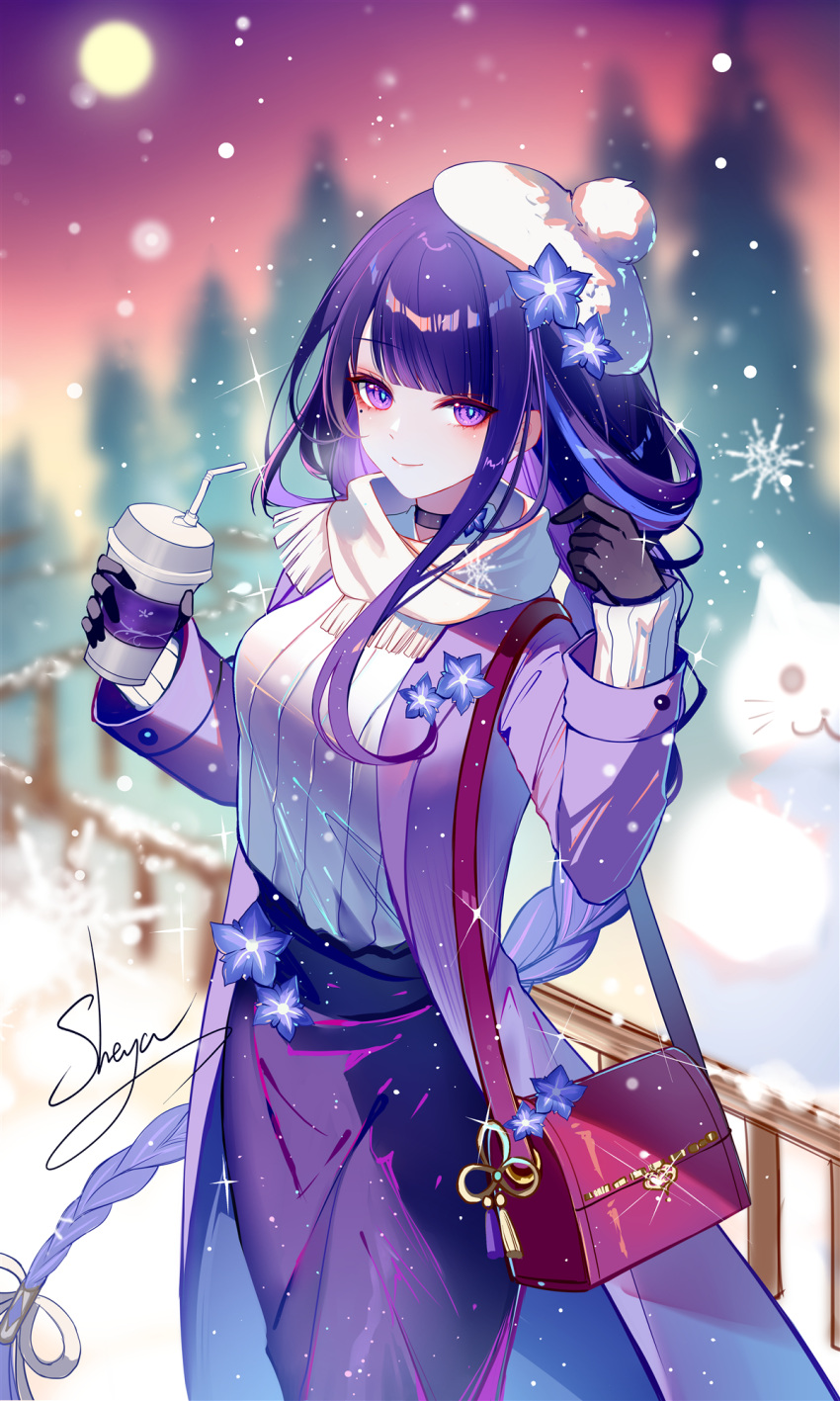 1girl alternate_costume bad_link bag black_choker black_gloves blurry blurry_background choker closed_mouth coat cup drinking_straw floating_hair genshin_impact gloves hands_up highres holding holding_cup looking_at_viewer mole mole_under_eye multicolored_hair open_clothes open_coat outdoors purple_coat purple_hair raiden_shogun red_bag scarf sheya shoulder_bag signature smile solo sparkle sweater two-tone_hair violet_eyes white_headwear white_scarf white_sweater winter_clothes