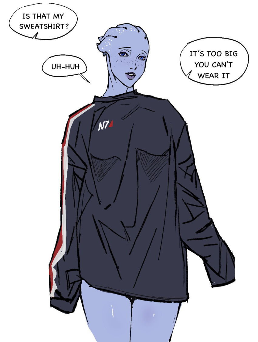 1girl alien asari_(mass_effect) black_sweater blue_eyes blue_hair blue_skin borrowed_clothes cbb_(tuucoo) colored_skin commentary_request english_text female_pov freckles highres liara_t'soni loose_clothes mass_effect_(series) n7_hoodie oversized_clothes pov purple_lips short_hair sleeves_past_wrists solo speech_bubble standing sweater tentacle_hair