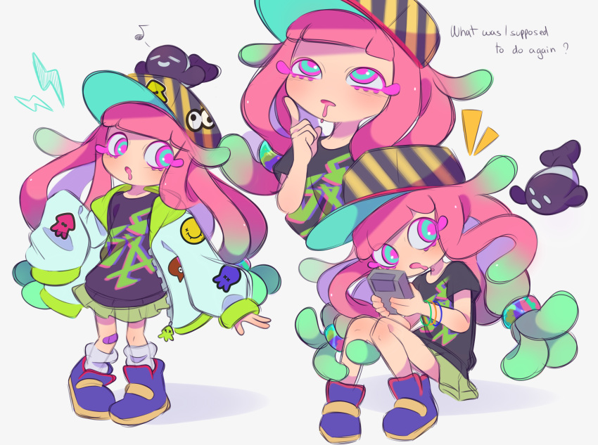 1girl :o absurdres aqua_eyes baseball_cap black_headwear black_shirt blue_footwear blunt_bangs blush boots colored_eyelashes commentary drooling english_commentary english_text eyelashes fafameow fish gradient_hair green_hair green_skirt hand_up harmony's_clownfish_(splatoon) harmony_(splatoon) hat highres index_finger_raised jacket knees_up lightning_bolt_symbol long_hair long_sleeves looking_at_viewer low_twintails multicolored_hair multiple_views musical_note notice_lines open_clothes open_jacket open_mouth pink_eyes pink_hair pleated_skirt print_shirt purple_hair shirt short_sleeves sidelocks simple_background sitting skirt sleeves_past_wrists socks splatoon_(series) splatoon_3 standing striped_clothes striped_headwear t-shirt tentacle_hair thinking twintails upper_body very_long_hair white_background white_jacket white_socks yellow_headwear zipper