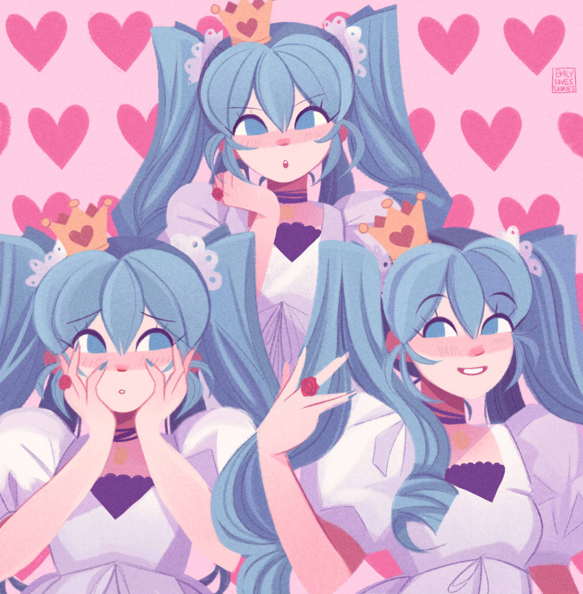 :o aqua_eyes aqua_hair black_choker blouse blush choker crown emmyluvscookies flower flower_ring grin hair_between_eyes hair_ribbon hair_tucking hands_on_own_cheeks hands_on_own_face hatsune_miku heart heart_background highres looking_at_viewer mini_crown multiple_views no_lineart pink_background puffy_short_sleeves puffy_sleeves red_flower red_rose ribbon ringlets rose shirt short_sleeves sidelocks sideways_glance smile twintails vocaloid white_ribbon white_shirt world_is_mine_(vocaloid)