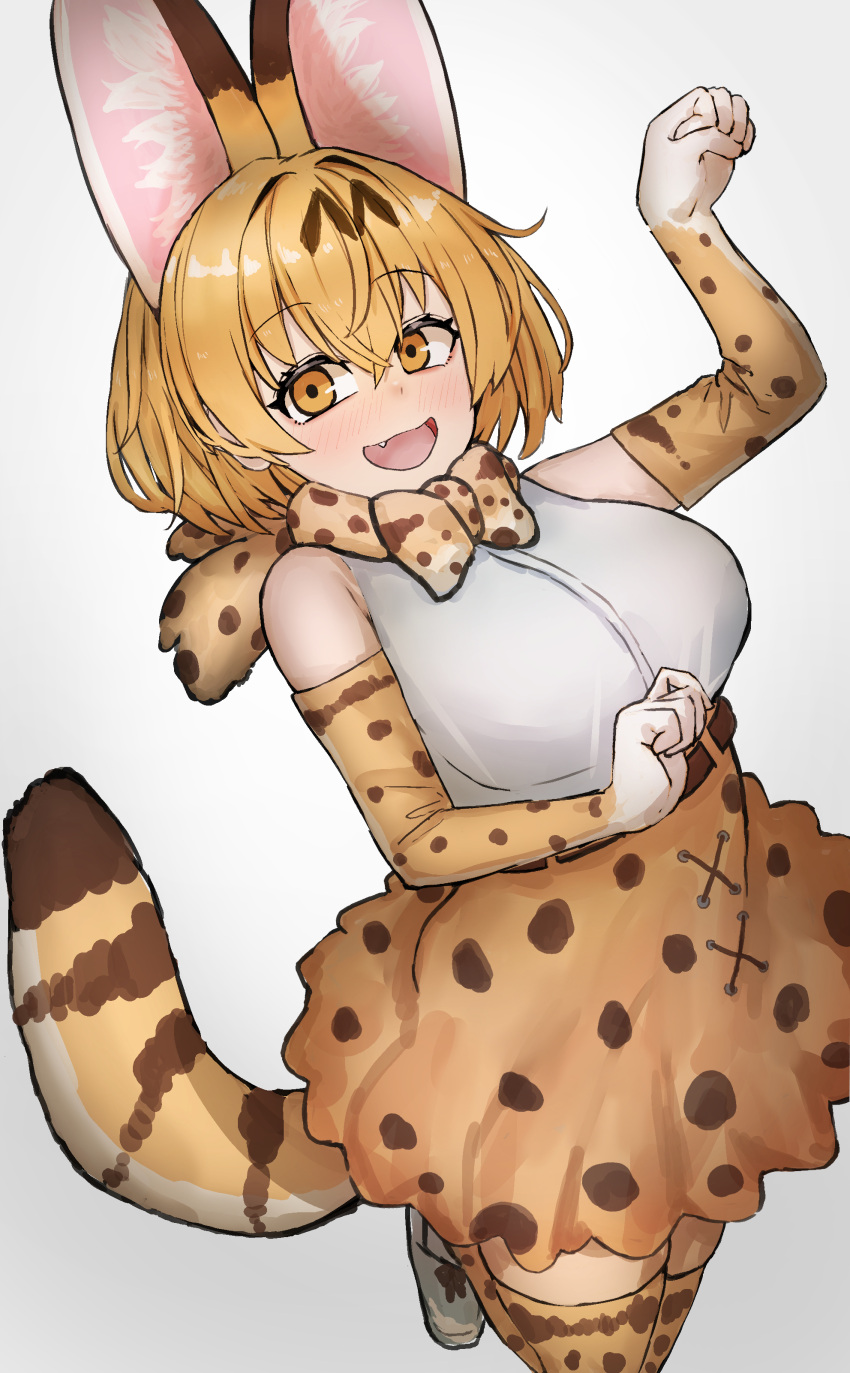 1girl absurdres adeshi_(adeshi0693119) animal_ears belt blonde_hair bow bowtie cat_ears cat_girl cat_tail elbow_gloves extra_ears gloves grey_background highres kemono_friends looking_at_viewer serval_(kemono_friends) serval_print shirt shoes short_hair simple_background skirt sleeveless sleeveless_shirt solo tail thigh-highs yellow_eyes
