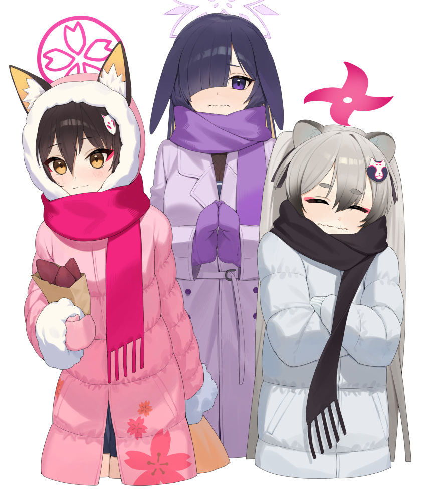 3girls alternate_costume animal_ear_fluff animal_ears black_hair black_scarf blue_archive brown_eyes closed_eyes closed_mouth coat commentary_request cropped_legs crossed_arms floral_print fox_hair_ornament gloves glow_(user_hnpv7785) hair_between_eyes hair_over_one_eye halo highres holding izuna_(blue_archive) korean_commentary long_hair long_sleeves looking_at_viewer michiru_(blue_archive) multiple_girls ninjutsu_research_club_(blue_archive) one_eye_covered own_hands_together pink_coat pink_gloves pink_halo purple_coat purple_gloves purple_halo scarf simple_background smile thick_eyebrows tsukuyo_(blue_archive) twintails violet_eyes wavy_mouth white_background white_coat winter_clothes