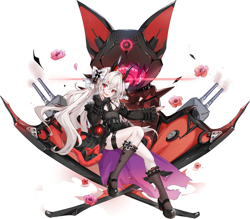 1girl artist_request bat_(animal) black_dress black_footwear black_sleeves black_socks black_surge_night bow dark_persona detached_sleeves dress full_body fur-trimmed_dress fur_trim hair_bow highres horns long_hair looking_at_viewer official_art open_mouth pale_skin red_eyes red_nails sidelocks socks solo third-party_source transparent_background turret white_bow white_hair z52_(black_surge_night)