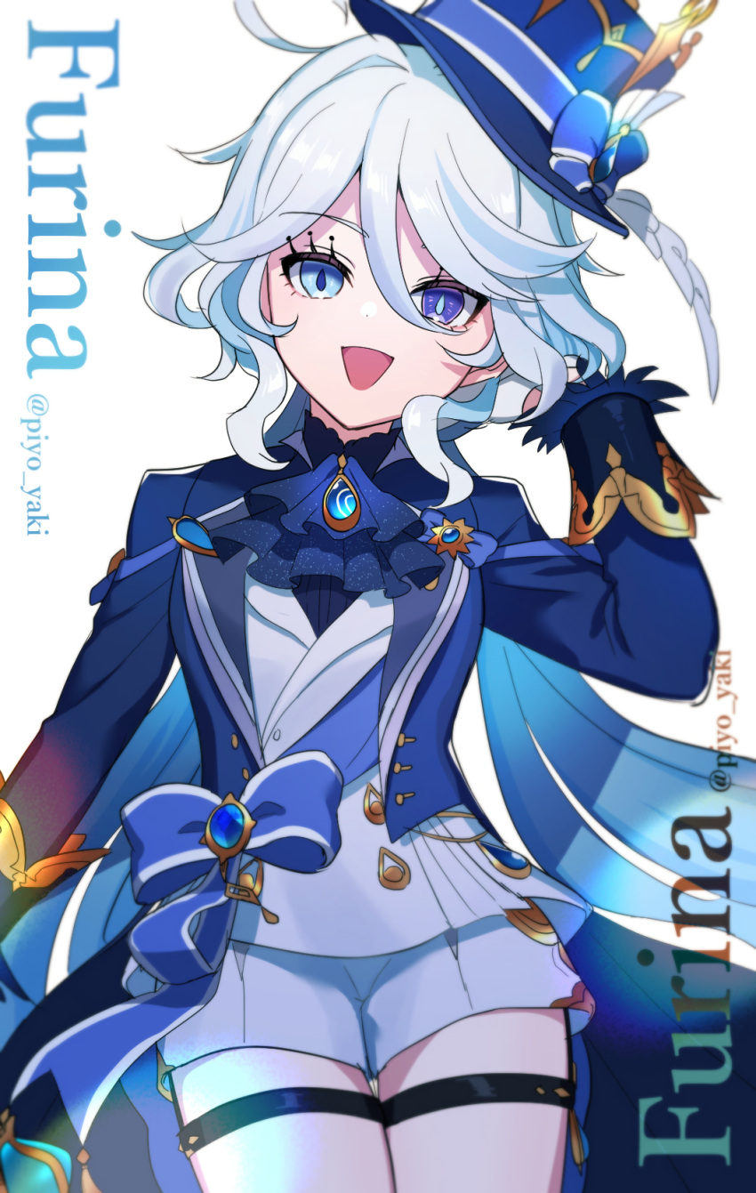 1girl artist_name blue_eyes blue_hair blue_headwear blue_jacket character_name furina_(genshin_impact) genshin_impact gloves hair_between_eyes hat heterochromia highres jacket long_hair long_sleeves looking_at_viewer meshi_kue_yo multicolored_hair open_mouth shorts smile solo streaked_hair top_hat twitter_username white_background white_gloves white_hair white_shorts