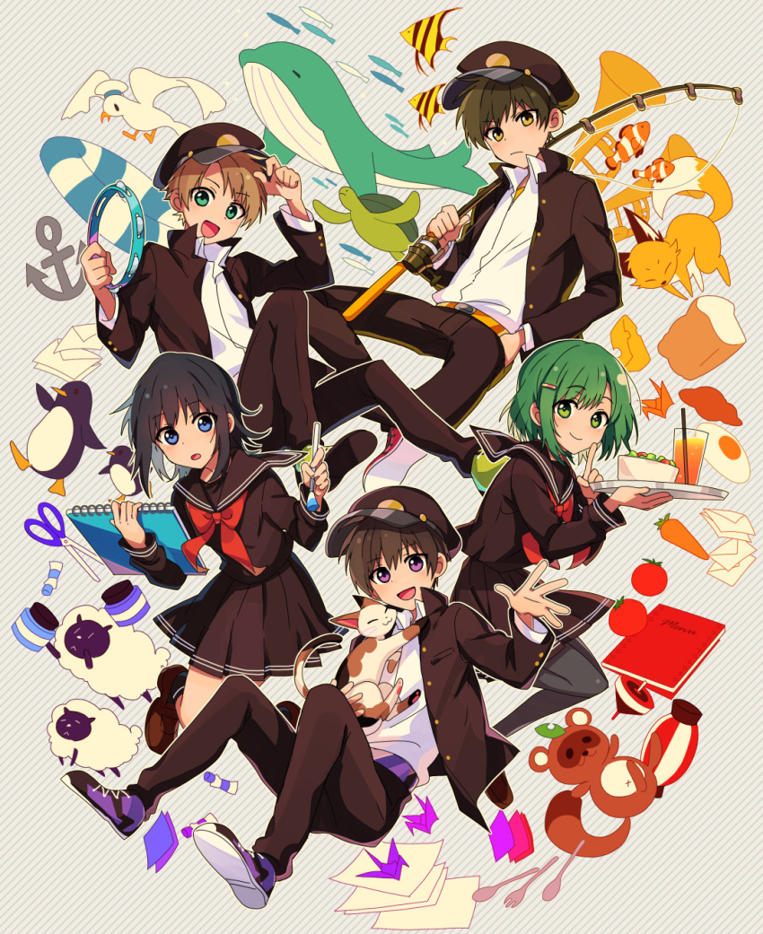 2girls 3boys :d :o anchor animal arisa_(aren) arm_up belt bird black_hair black_headwear black_jacket black_pants black_pantyhose black_sailor_collar black_serafuku black_shirt black_skirt blouse blue_eyes bread brown_cat brown_footwear brown_hair buttoned_cuffs buttons carrot cat cheese closed_mouth collared_jacket collared_shirt commentary_request cup drink drinking_glass drinking_straw envelope expressionless fish fishing_rod food fork fox fried_egg full_body gakuran glue green_eyes green_footwear green_hair grey_background hair_ornament hairclip hand_in_pocket hand_up hat highres holding holding_animal holding_cat holding_fishing_rod holding_notebook holding_plate index_finger_raised instrument jacket juice long_sleeves looking_at_viewer medium_hair multiple_boys multiple_girls neckerchief notebook open_clothes open_collar open_jacket open_mouth orange_belt orange_juice origami original pants pantyhose paper paper_crane penguin plate pleated_skirt purple_belt red_footwear red_neckerchief sailor_collar sailor_hat school_uniform scissors seagull serafuku sheep shirt shoe_soles shoes short_hair skirt smile sneakers spoon sticky_note tambourine tomato trumpet unbuttoned violet_eyes waving whale white_shirt yellow_eyes