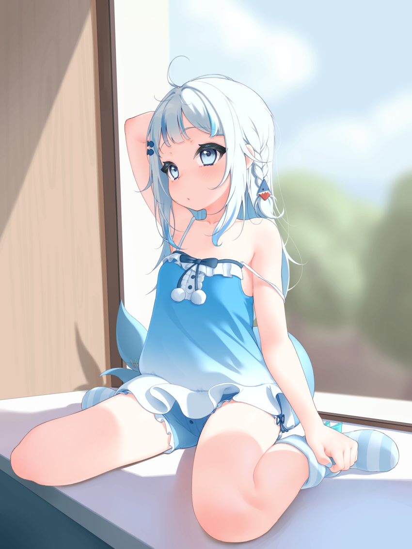 1girl :o absurdres ahoge arm_behind_head armpit_crease babydoll backlighting bare_arms bare_shoulders blue_babydoll blue_eyes blue_hair blue_nails blue_shorts blue_socks collarbone flat_chest frilled_babydoll full_body gawr_gura highres hololive hololive_english indoors lucasyecla99 messy_hair multicolored_hair nail_polish shorts sitting socks solo strap_slip streaked_hair striped_clothes striped_socks virtual_youtuber wariza white_hair window
