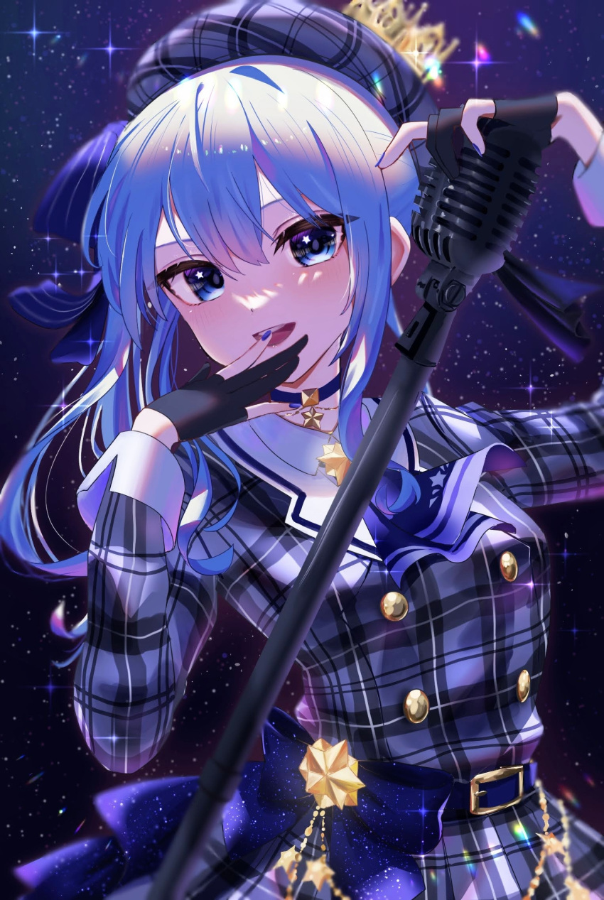 1girl beret black_gloves blue_choker blue_eyes blue_hair blue_necktie blue_ribbon breasts choker commentary_request cowboy_shot crown dress gloves grey_dress hair_ribbon hands_up hat highres hololive hoshimachi_suisei long_hair long_sleeves looking_at_viewer microphone_stand mini_crown necktie open_mouth partially_fingerless_gloves plaid plaid_dress plaid_headwear ribbon sakurano.neko small_breasts smile solo star_(symbol) star_in_eye starry_background symbol_in_eye virtual_youtuber