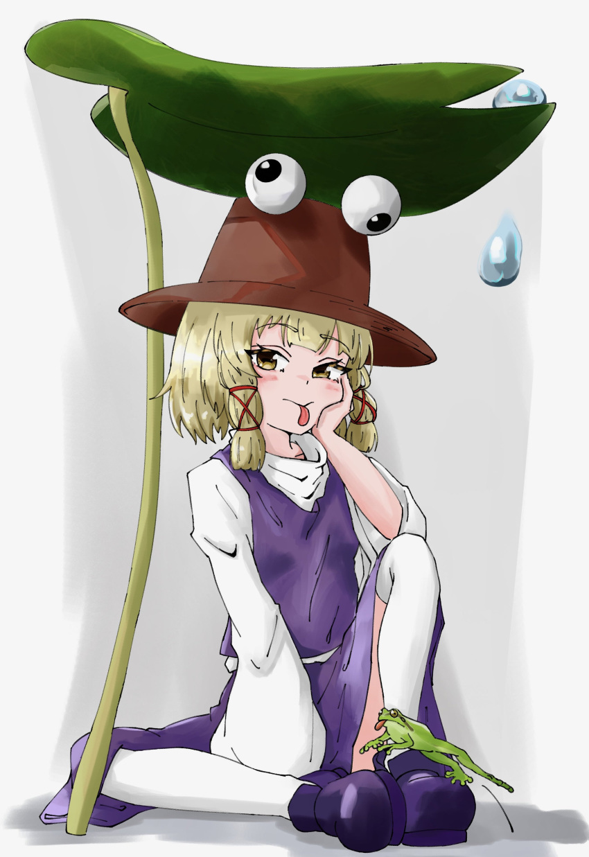 1girl absurdres blonde_hair blush brown_headwear closed_mouth commentary_request eyelashes frog grey_background hair_ornament hair_ribbon hand_on_own_cheek hand_on_own_face hand_up hat highres knee_up leaf leaf_umbrella lily_pad long_sleeves looking_at_viewer moriya_suwako naga38 parted_bangs purple_footwear purple_skirt purple_vest ribbon shirt shoes short_hair sidelocks simple_background sitting skirt skirt_set solo thigh-highs tongue tongue_out touhou vest water_drop white_background white_shirt white_thighhighs wide_sleeves x_hair_ornament yellow_eyes
