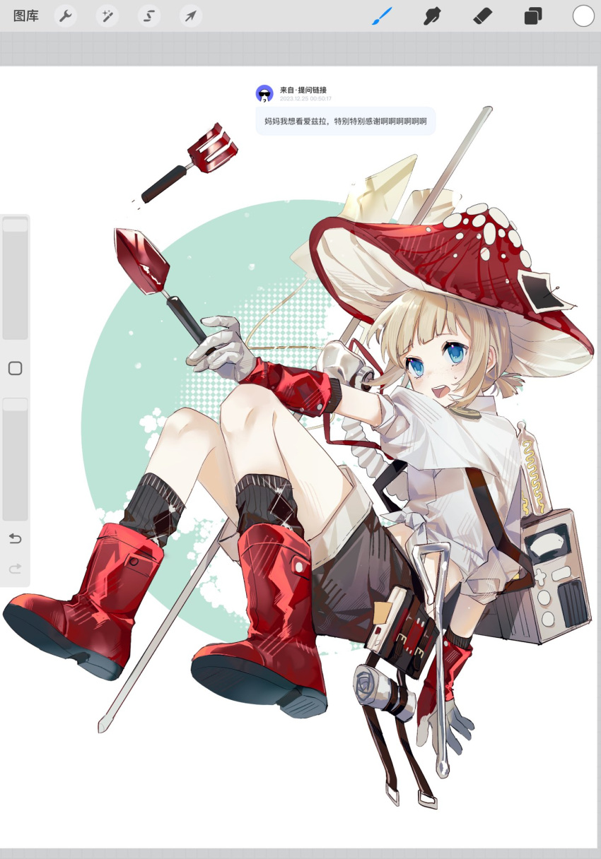 1boy blonde_hair blue_eyes boots character_request full_body gloves highres male_focus midriff mushroom mushroom_boy mushroom_hat mushroom_on_head ponytail reverse:1999 short_hair shorts solo spatula whisperxu9290 white_gloves
