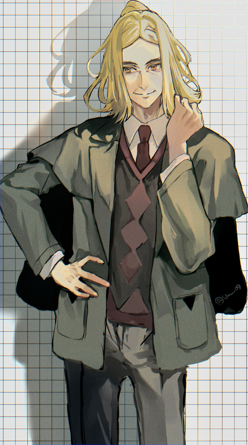 1boy absurdres black_vest blonde_hair closed_mouth collared_shirt commentary_request cowboy_shot green_jacket hand_on_own_hip hand_up hassel_(pokemon) highres jacket long_sleeves male_focus necktie orange_eyes pants parted_bangs pokemon pokemon_sv red_necktie shirt smile solo unu_(uacj3434) vest white_shirt