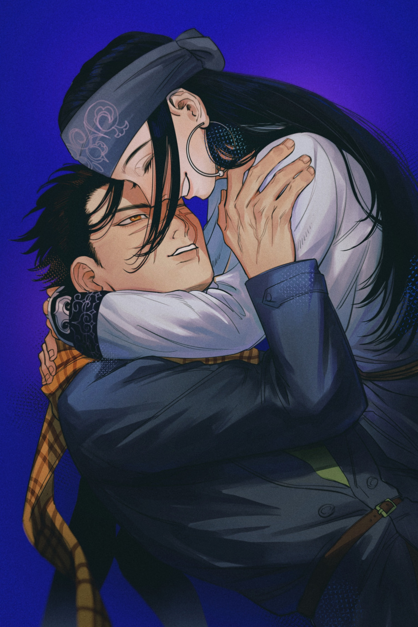 1boy 1girl absurdres ainu ainu_clothes asirpa black_hair black_pantyhose blue_background blue_jacket closed_eyes earrings eyelashes face-to-face facing_another golden_kamuy hair_over_face hand_up headband highres hoop_earrings hug jacket jewelry lap_pillow laughing long_hair long_sleeves looking_at_another lying on_back one_eye_closed pantyhose parted_lips plaid plaid_scarf profile robe scar scar_on_cheek scar_on_face scar_on_mouth scar_on_nose scarf short_hair smile songyeerhu sugimoto_saichi white_robe