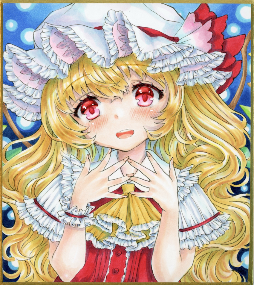 1girl absurdres alternate_hair_length alternate_hairstyle ascot blonde_hair blue_background blush buttons flandre_scarlet frilled_ascot frills hair_between_eyes happy hat hat_ribbon head_tilt highres long_hair looking_at_viewer marker_(medium) mikeko_(user_zntg7852) mob_cap open_mouth puffy_short_sleeves puffy_sleeves red_eyes red_ribbon red_vest ribbon shirt short_sleeves simple_background solo touhou traditional_media upper_body vest white_headwear white_shirt yellow_ascot