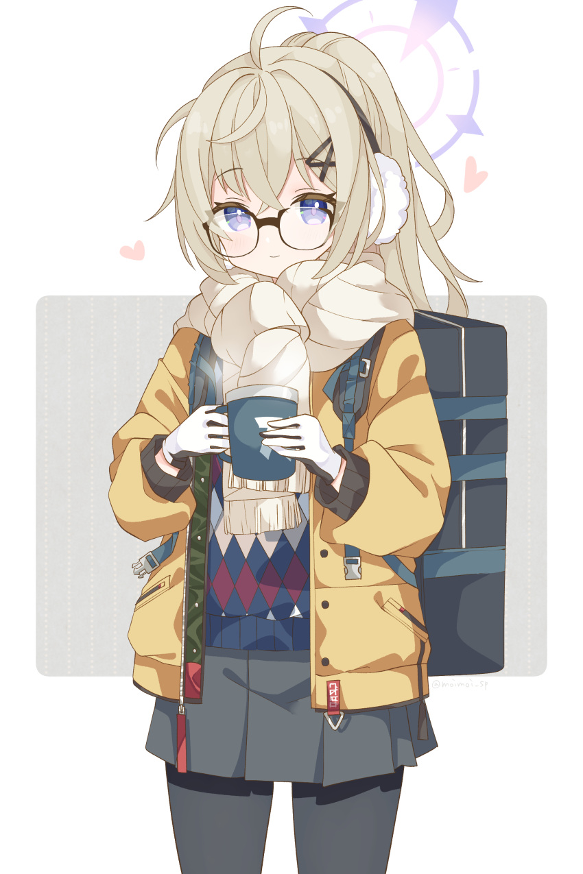 1girl absurdres backpack bag black_gloves black_pantyhose blue_archive commentary_request cowboy_shot crossed_bangs cup earmuffs glasses gloves grey_skirt hair_between_eyes hair_ornament hairclip halo heart highres holding holding_cup jacket kotama_(blue_archive) kotama_(camp)_(blue_archive) light_brown_hair long_sleeves looking_at_viewer miniskirt official_alternate_costume pantyhose pleated_skirt ponytail puffy_long_sleeves puffy_sleeves purple_halo saekiya_sabou scarf skirt solo sweater two-sided_gloves two-tone_gloves violet_eyes white_gloves white_scarf yellow_jacket