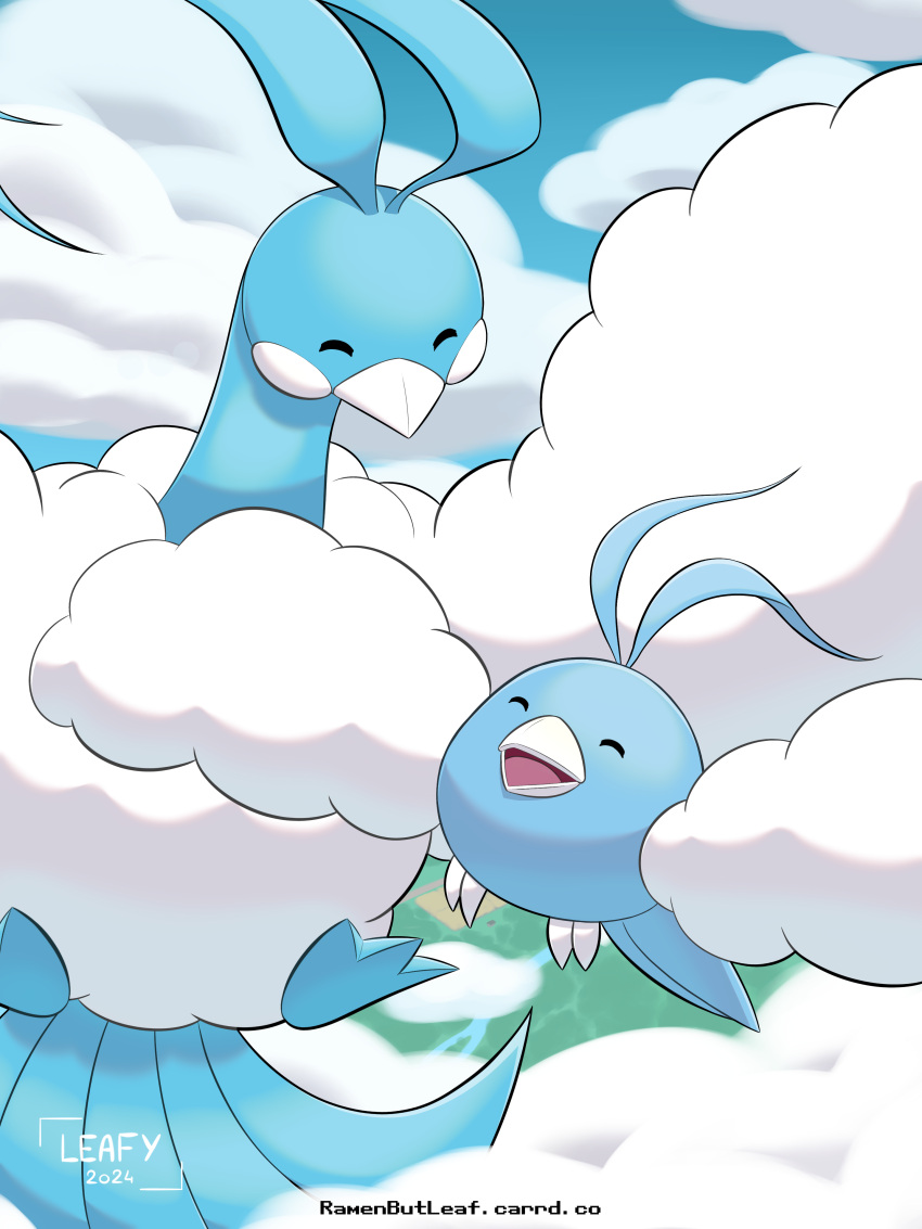 ^_^ absurdres antenna_hair bird closed_eyes clouds commentary dated day evolutionary_line fluffy flying highres open_mouth outdoors pokemon ramen_(ramenbutleaf) signature smile swablu web_address