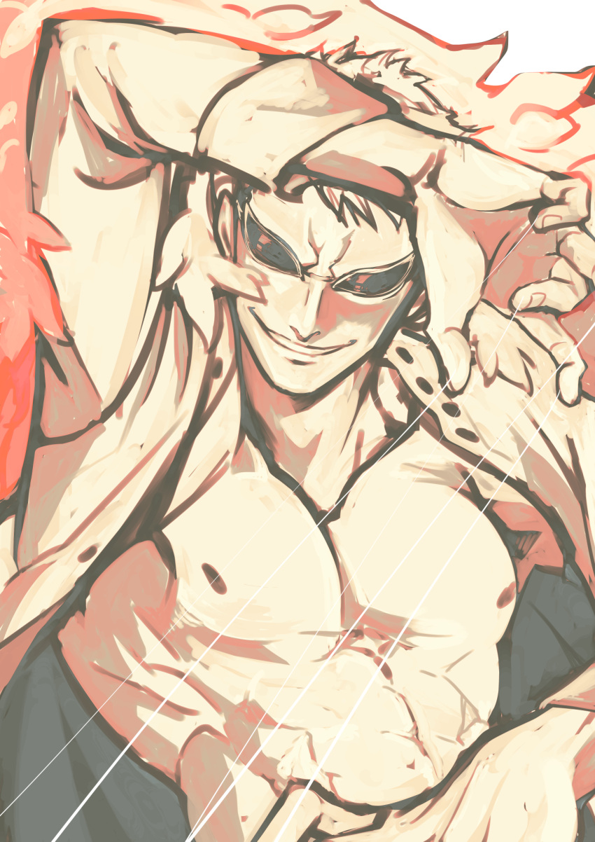 1boy ahi_tb arm_up blonde_hair coat donquixote_doflamingo feather_coat highres looking_at_viewer male_focus muscular muscular_male nipples one_piece open_clothes pectorals pink_coat shirt short_hair smile sunglasses thread upper_body white_shirt