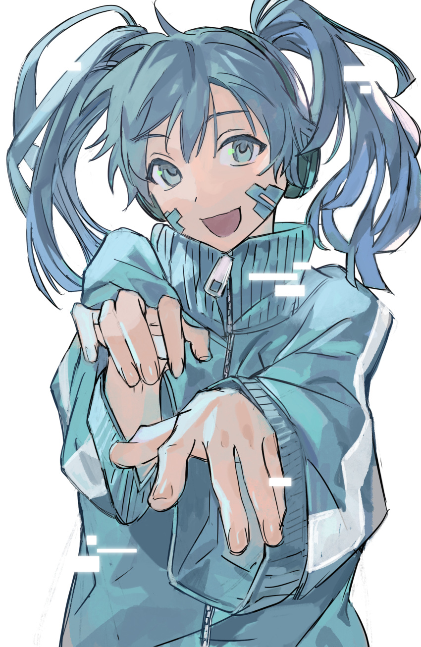 1girl absurdres blue_eyes blue_hair blue_jacket commentary dot_nose ene_(kagerou_project) foreshortening glitch grey_background haxinssy headphones highres jacket kagerou_project long_hair looking_at_viewer open_mouth outstretched_arms popped_collar reaching reaching_towards_viewer simple_background smile solo track_jacket twintails upper_body variant_set wide_sleeves