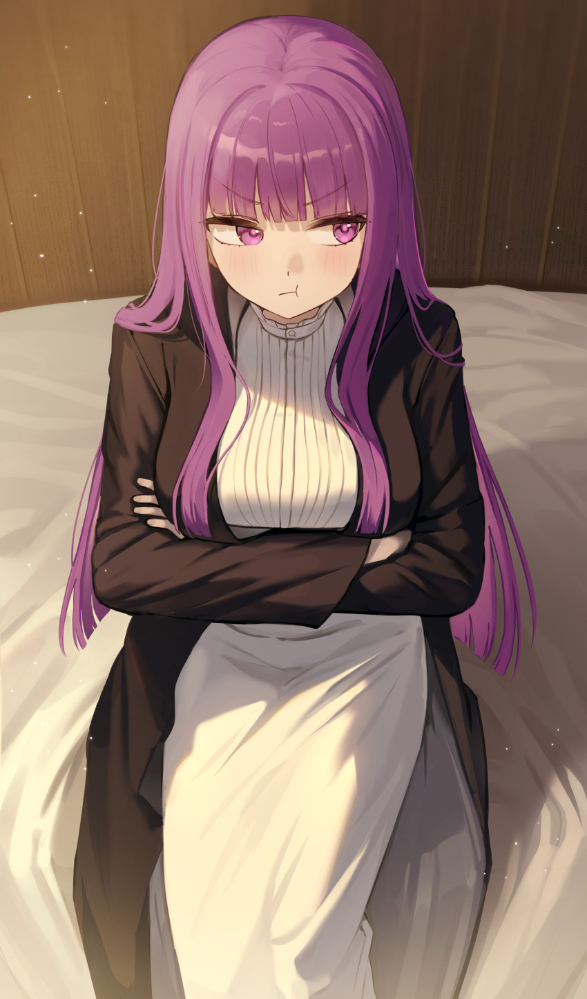 1girl :t absurdres angry arms_under_breasts averting_eyes black_robe blunt_bangs breasts closed_mouth crossed_arms dress fern_(sousou_no_frieren) highres large_breasts light_particles long_hair nundi pout purple_hair robe sitting solo sousou_no_frieren straight_hair v-shaped_eyebrows very_long_hair violet_eyes white_dress
