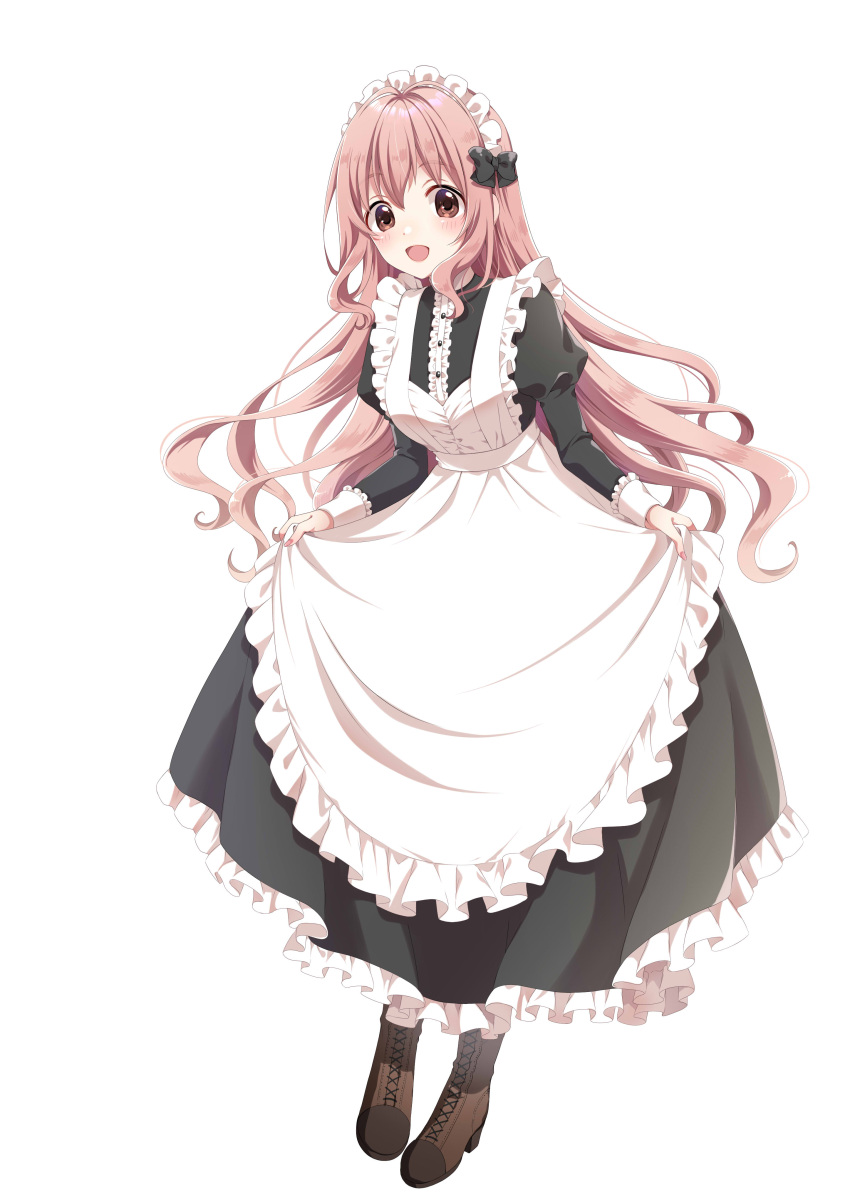1girl absurdres apron black_bow black_dress blush boots bow breasts brown_eyes brown_footwear commentary cross-laced_footwear dress frilled_apron frilled_dress frilled_sleeves frills full_body hair_bow highres holding holding_clothes idolmaster idolmaster_cinderella_girls long_hair looking_at_viewer maid maid_headdress open_mouth pink_hair saionji_kotoka sash simple_background sleeve_cuffs smile solo tottoto_tomekichi white_apron white_background white_sash white_sleeves