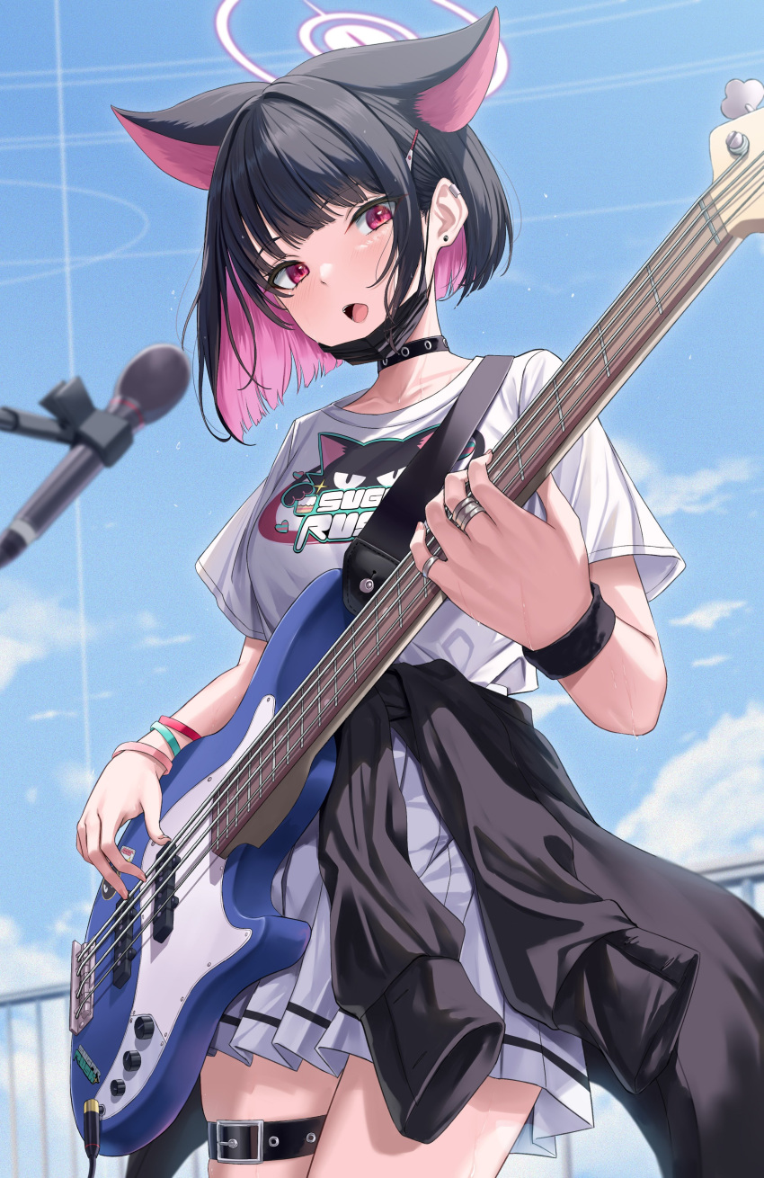 1girl absurdres animal_ears black_choker black_hair black_mask blue_archive cat_ears choker colored_inner_hair cowboy_shot electric_guitar extra_ears fingernails guitar hair_ornament hairclip halo highres holding holding_instrument instrument kazusa_(blue_archive) mask microphone microphone_stand mouth_mask multicolored_hair music official_alternate_costume pink_hair pink_halo playing_instrument pleated_skirt rama_(yu-light8) red_eyes shirt short_hair short_sleeves skirt solo surgical_mask white_shirt white_skirt
