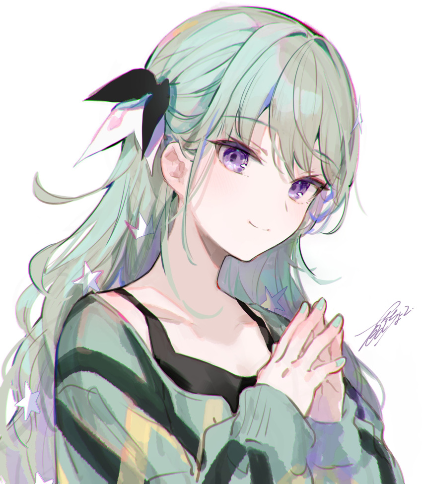 1girl absurdres black_ribbon black_shirt chromatic_aberration flipped_hair fuzichoco green_nails green_sweater grey_hair hair_ribbon hands_up highres kusanagi_nene long_hair looking_at_viewer project_sekai ribbon shirt signature simple_background smile solo star_(symbol) steepled_fingers sweater upper_body violet_eyes white_background zozotown