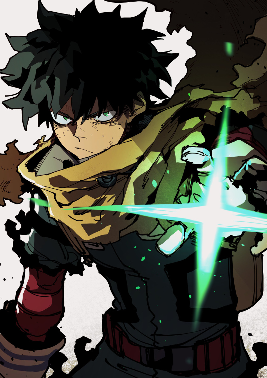 1boy :/ absurdres angry bandaged_arm bandages belt bodysuit boku_no_hero_academia cape closed_mouth cowboy_shot energy film_grain floating_clothes freckles gloves green_bodysuit green_eyes green_hair hand_up highres isaacchief300 jpeg_artifacts leaning_forward looking_at_viewer male_focus midoriya_izuku open_hand overexposure paint_splatter red_bandage red_belt short_hair simple_background snap-fit_buckle solo sparkle spiky_hair standing torn_clothes utility_belt v-shaped_eyebrows white_background white_gloves yellow_cape