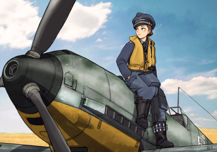 1girl aircraft airplane artist_name blue_headwear blue_jacket blue_pants brown_hair clouds cloudy_sky cross green_eyes highres iron_cross jacket luftwaffe mg_g military_uniform military_vehicle original pants propeller sky smile solo uniform vehicle_request wehrmacht