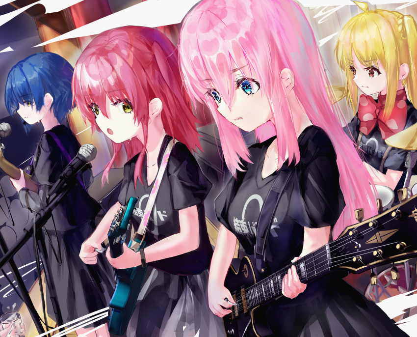 4girls absurdres ahoge aqua_eyes black_shirt black_skirt blonde_hair blue_hair bocchi_the_rock! bow closed_mouth commentary_request concert cowboy_shot foreshortening frown fuuka_koji gotoh_hitori guitar hair_between_eyes highres holding holding_instrument ijichi_nijika instrument kita_ikuyo long_hair looking_afar looking_at_another microphone_stand multiple_girls music one_side_up pink_hair playing_instrument polka_dot polka_dot_bow red_bow red_eyes redhead serious shirt short_hair short_sleeves sidelocks skirt stage straight-on straight_hair sweat yamada_ryo yellow_eyes