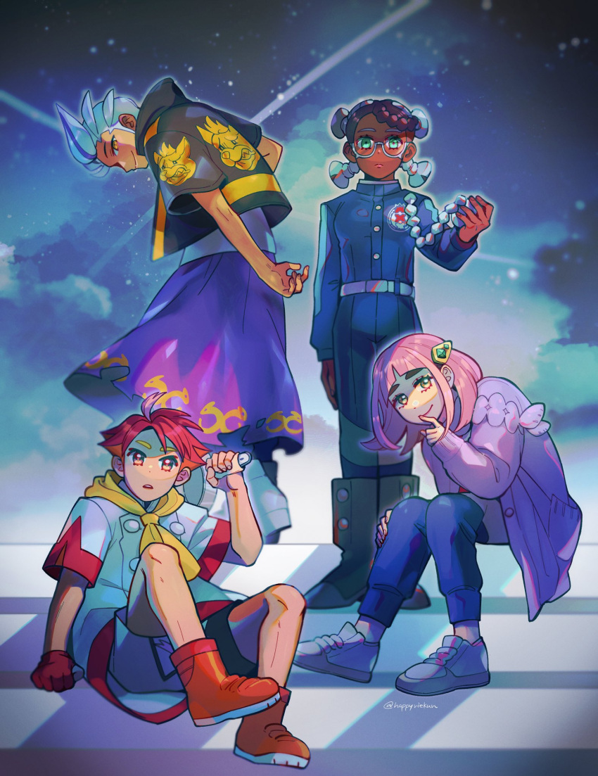 2boys 2girls amarys_(pokemon) arched_bangs black_hair blue_pants braid closed_mouth clouds commentary_request crispin_(pokemon) dark-skinned_female dark_skin drayton_(pokemon) eyelashes glasses happyriekun highres lacey_(pokemon) multicolored_hair multiple_boys multiple_girls night night_sky pants pokemon pokemon_sv purple_hair red_footwear redhead scarf shoes shooting_star short_hair shorts sitting sky smile stairs standing star_(sky) streaked_hair white_hair yellow_eyes yellow_scarf