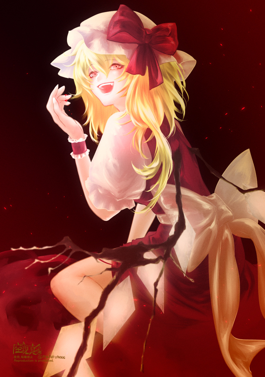 1girl back_bow blonde_hair blood blood_on_hands bow english_text eso9ulg97 flandre_scarlet from_side gradient_background hat hat_bow highres large_bow long_hair looking_at_viewer looking_to_the_side mob_cap one_side_up open_mouth puffy_short_sleeves puffy_sleeves red_background red_bow red_eyes red_skirt red_vest shirt short_sleeves simple_background skirt skirt_set solo teeth touhou upper_teeth_only vest white_bow white_headwear white_shirt wings wrist_cuffs