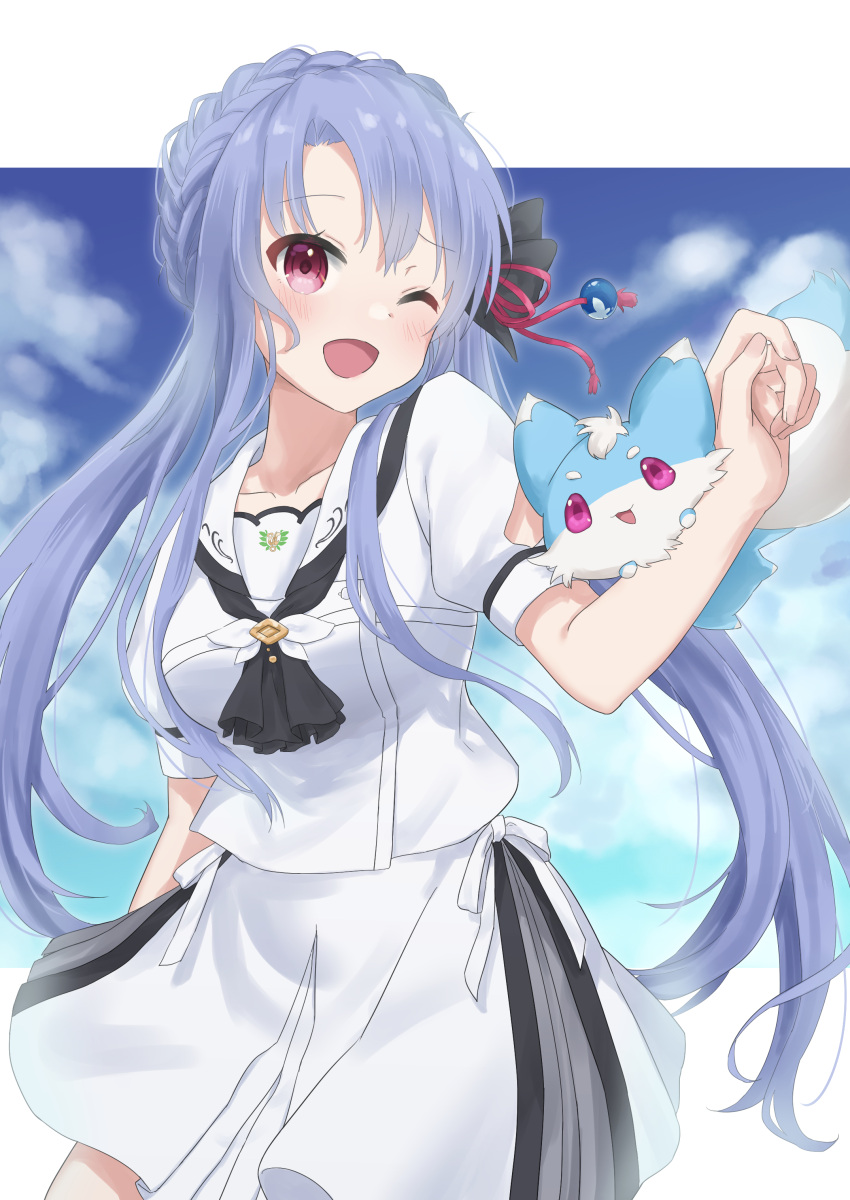 1girl ;d absurdres arm_at_side ascot black_ascot blue_hair blue_sky blush braid commentary cowboy_shot crown_braid fox hair_between_eyes hair_over_shoulder hand_up happy highres inari_(summer_pockets) kirima_(zs_at_) long_hair looking_at_viewer one_eye_closed open_mouth puffy_short_sleeves puffy_sleeves red_eyes sailor_collar school_uniform shirt short_sleeves sidelocks simple_background skirt sky smile solo sorakado_ao summer_pockets very_long_hair violet_eyes white_background white_sailor_collar white_shirt white_skirt