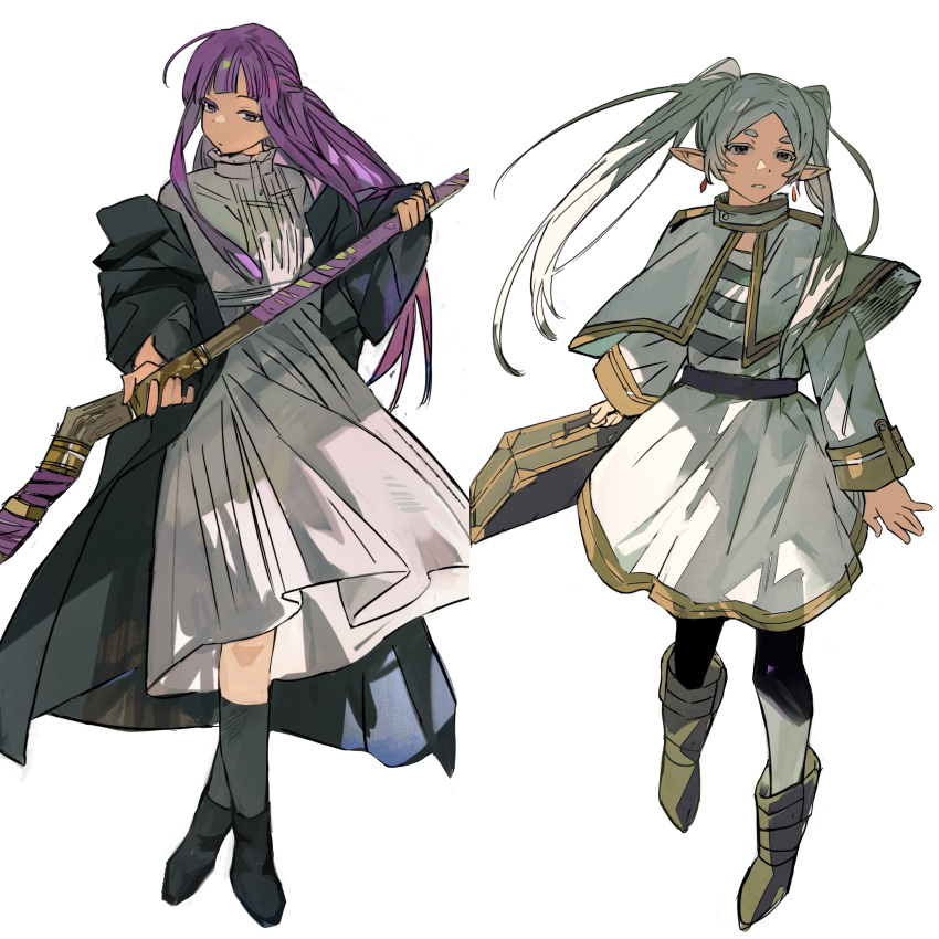 2girls absurdres belt black_belt black_coat black_footwear black_pantyhose black_shirt boots briefcase brown_footwear capelet closed_mouth coat collar commentary_request dress earrings elf expressionless fern_(sousou_no_frieren) frieren frilled_collar frills full_body gold_trim haxinssy high_collar highres holding holding_briefcase holding_staff hood hood_down hooded_coat jacket jewelry long_coat long_dress long_hair long_sleeves looking_at_viewer mage_staff multiple_girls pantyhose parted_bangs pointy_ears purple_hair shirt sidelocks simple_background skirt skirt_set sousou_no_frieren staff standing straight_hair striped_clothes striped_shirt twintails violet_eyes white_background white_capelet white_dress white_hair white_jacket white_shirt white_skirt