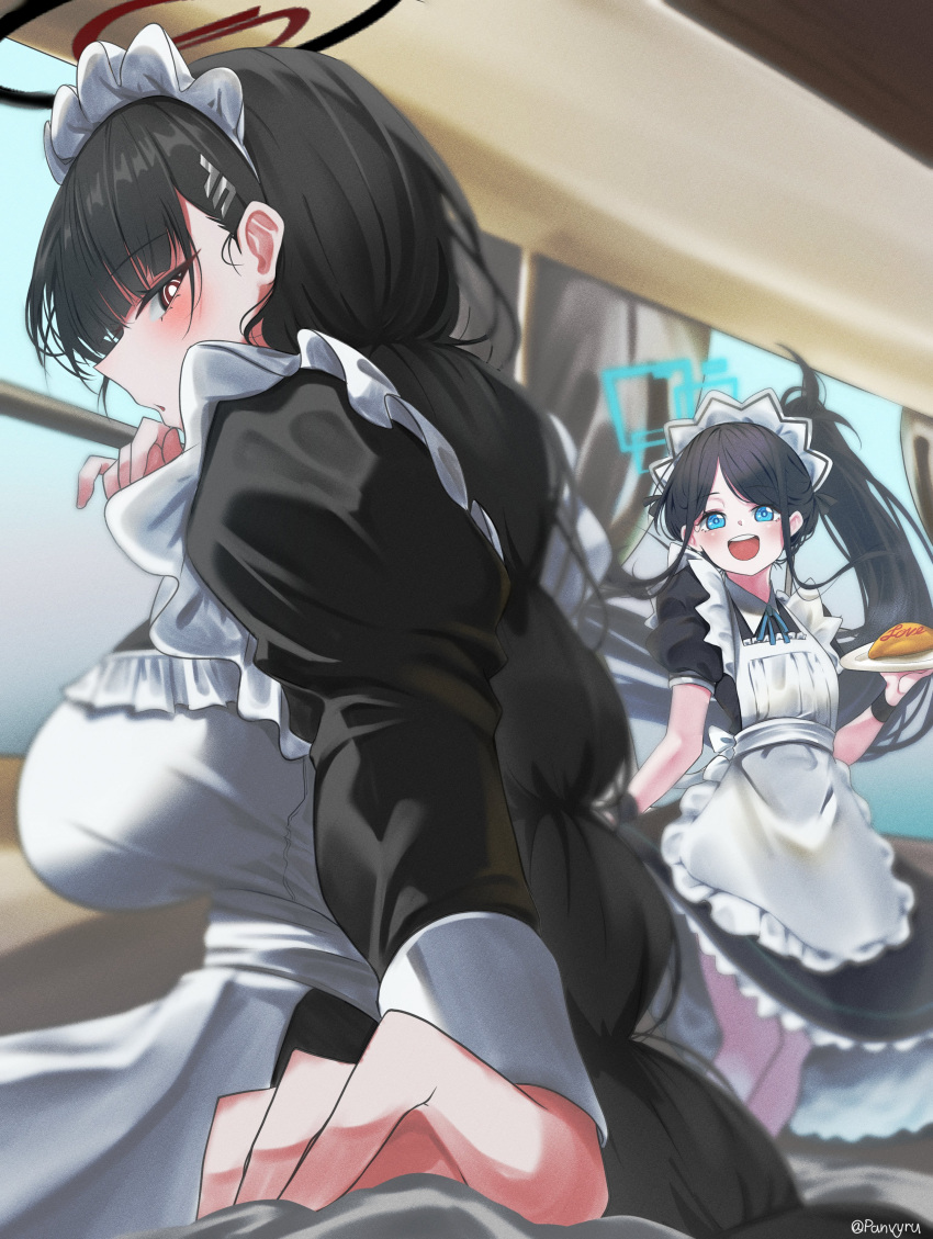 2girls :d :o absurdres aris_(blue_archive) black_hair blue_archive blue_eyes blush eyebrows_visible_through_hair highres holding holding_plate large_breasts long_hair looking_at_viewer maid maid_headdress panvyru ponytail red_eyes rio_(blue_archive) sideways_glance small_breasts upper_teeth