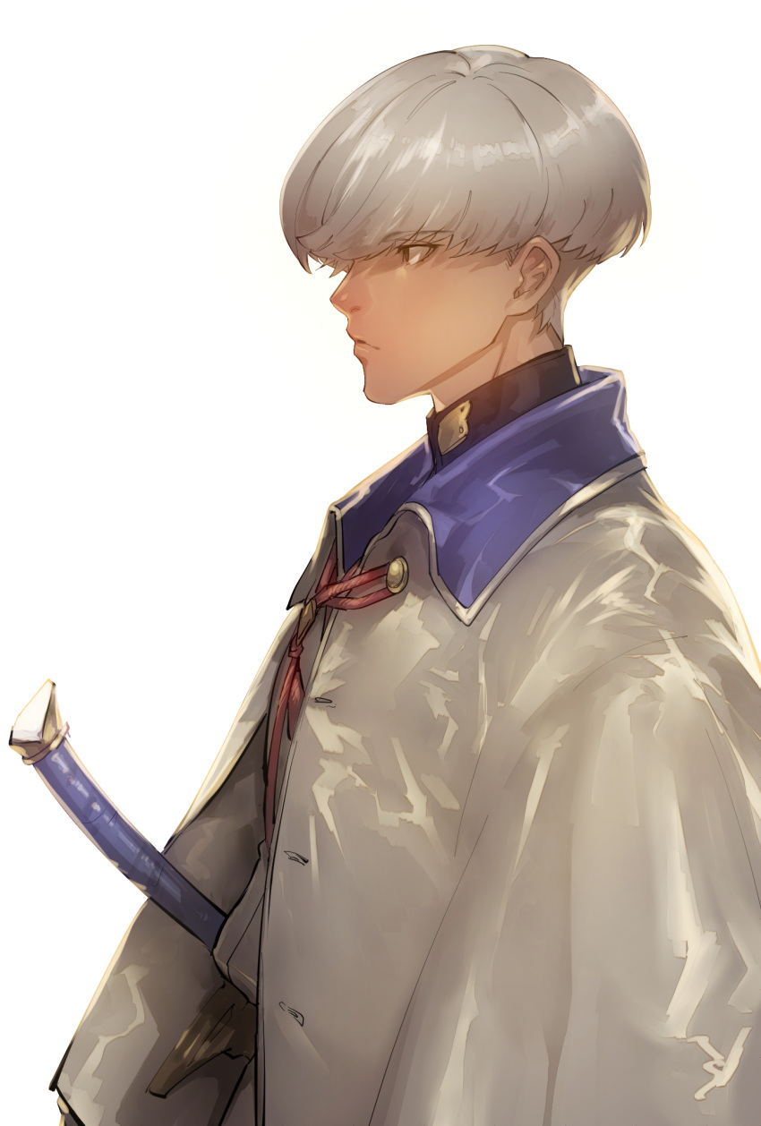 1boy black_shirt bowl_cut brown_eyes closed_mouth collared_jacket fate/grand_order fate_(series) highres jacket kin_mokusei looking_afar male_focus profile shirt short_hair silver_trim simple_background solo sword turtleneck turtleneck_shirt upper_body watanabe_no_tsuna_(fate) weapon white_background white_jacket