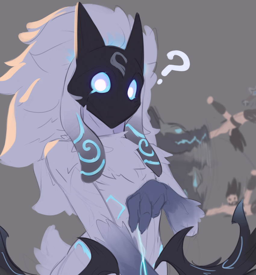 1boy 1girl ? absurdres animal_ears arrow_(projectile) biting bow_(weapon) cheap_(cheapdraw) furry furry_female glowing glowing_eyes grey_background grey_fur grey_hair highres holding holding_arrow holding_bow_(weapon) holding_weapon kindred_(league_of_legends) lamb_(league_of_legends) league_of_legends long_hair looking_at_viewer mask sheep_ears sheep_tail tail tryndamere two-tone_fur weapon wolf_(league_of_legends)
