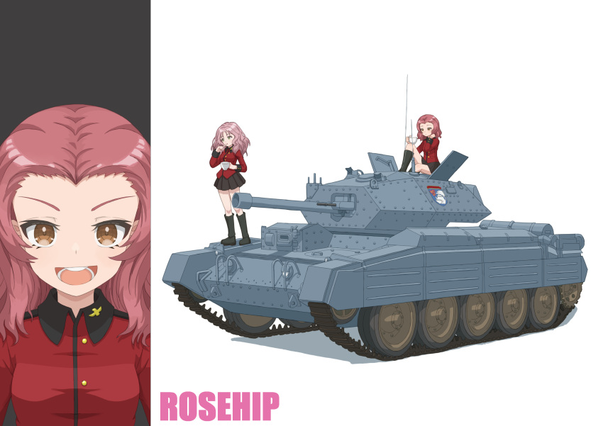 2girls absurdres black_footwear black_skirt boots brown_eyes character_name commentary crusader_(tank) cup emblem finger_to_mouth girls_und_panzer hand_in_own_hair highres holding holding_cup jacket knee_boots long_hair long_sleeves looking_at_viewer military_uniform military_vehicle miniskirt motor_vehicle multiple_girls open_mouth peach_(girls_und_panzer) pink_hair pleated_skirt qgkmn541 red_jacket redhead rosehip_(girls_und_panzer) sitting skirt smile st._gloriana's_(emblem) st._gloriana's_military_uniform standing tank teacup uniform wavy_hair white_background
