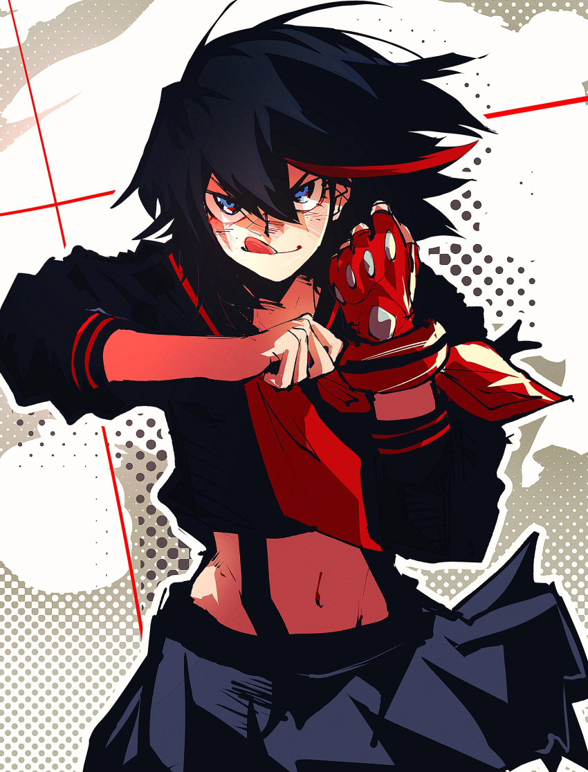 1girl absurdres black_hair blue_eyes blue_shirt blue_skirt clenched_hands closed_mouth floating_clothes floating_hair gloves hair_between_eyes halftone halftone_background hands_up highres injury isaacchief300 jpeg_artifacts kamui_(kill_la_kill) kill_la_kill life_fiber living_clothes matoi_ryuuko medium_hair midriff multicolored_hair navel neckerchief outline red_gloves red_neckerchief redhead sailor_collar school_uniform serafuku shirt single_glove skirt sleeves_rolled_up solo standing stomach straight-on streaked_hair suspenders tongue tongue_out two-tone_hair v-shaped_eyebrows white_background white_outline