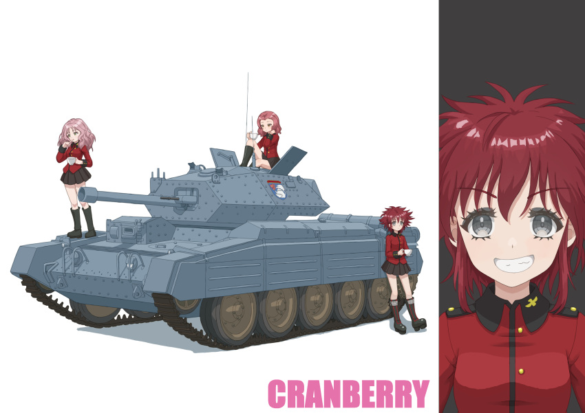 3girls absurdres against_vehicle black_footwear black_skirt boots brown_eyes character_name commentary cranberry_(girls_und_panzer) crusader_(tank) cup emblem finger_to_mouth girls_und_panzer grey_eyes grin hand_in_own_hair highres holding holding_cup jacket knee_boots knee_up leaning_back long_hair long_sleeves looking_at_viewer makeup mascara military_uniform military_vehicle miniskirt motor_vehicle multiple_girls peach_(girls_und_panzer) pink_hair pleated_skirt qgkmn541 red_jacket redhead rosehip_(girls_und_panzer) sitting skirt smile st._gloriana's_(emblem) st._gloriana's_military_uniform standing studded_footwear tank teacup uniform wavy_hair white_background