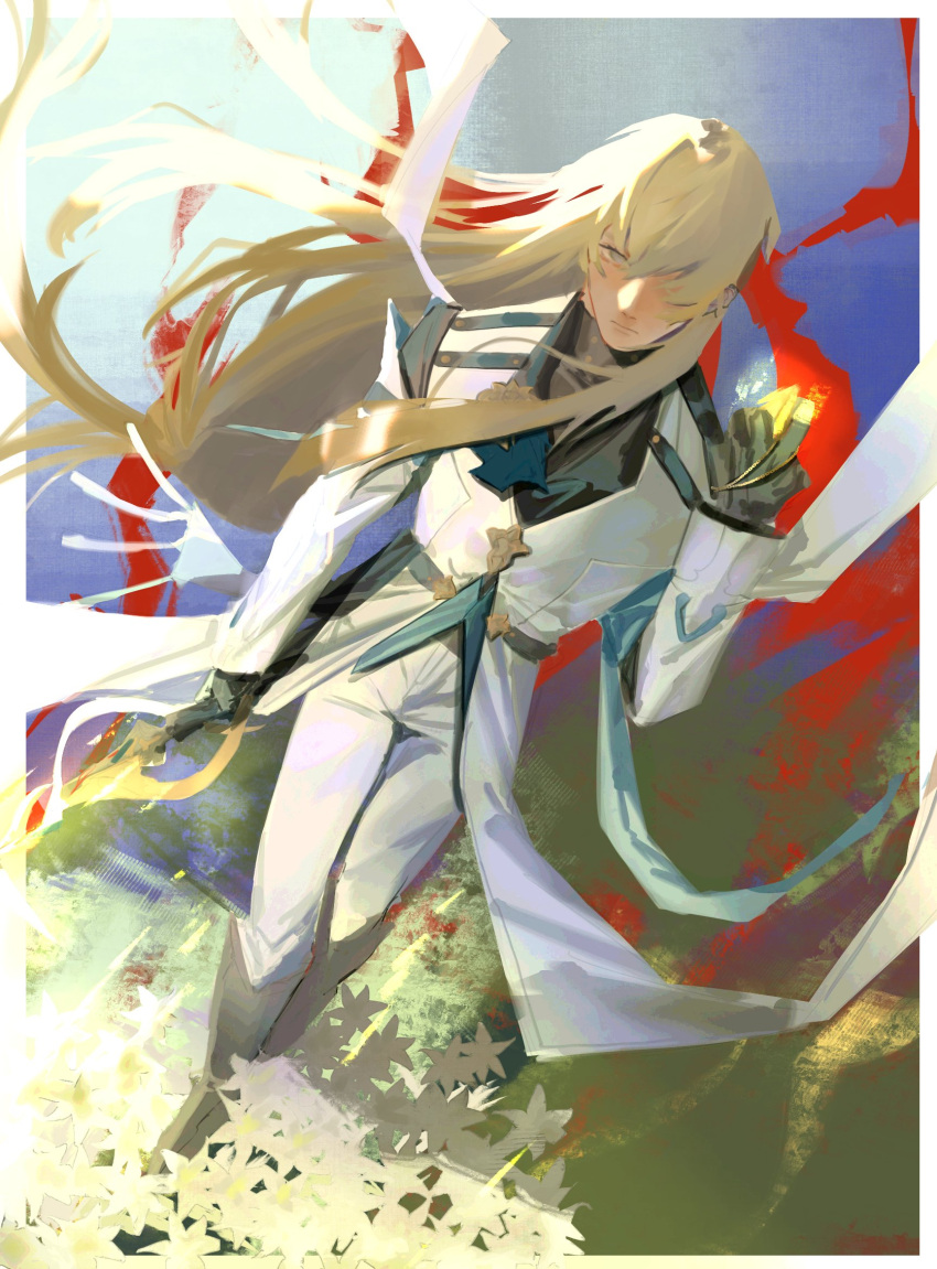 1boy 855nori aqua_vest black_footwear black_gloves black_shirt blonde_hair boots border closed_mouth coat dutch_angle floating_clothes flower full_body gloves grass green_eyes hair_over_one_eye highres holding holding_jewelry holding_necklace honkai:_star_rail honkai_(series) jewelry long_hair long_sleeves looking_at_viewer luocha_(honkai:_star_rail) male_focus necklace outside_border pants pendant pendant_removed serious shirt solo standing turtleneck vest white_border white_coat white_flower white_pants