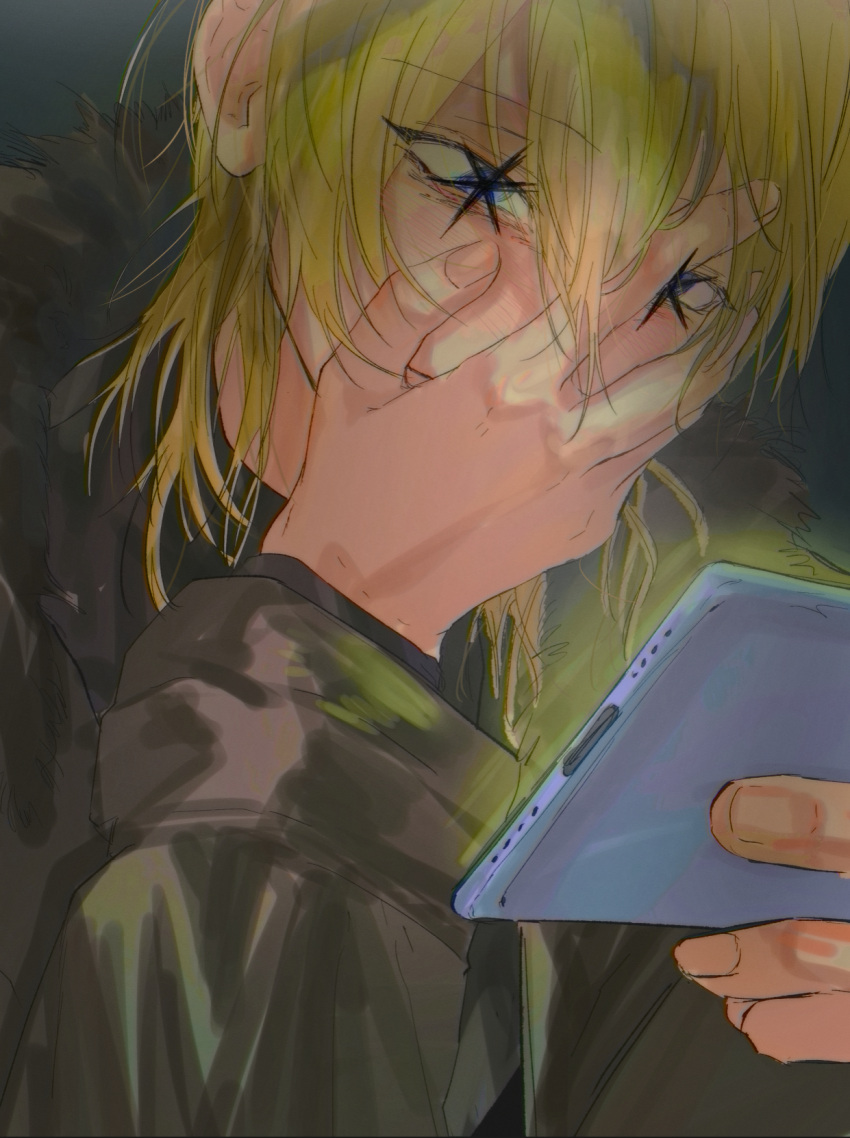 1boy blonde_hair blue_eyes cellphone commentary_request covering_own_mouth hair_between_eyes hand_on_own_face highres holding holding_phone kamiki_hikaru korean_commentary long_sleeves male_focus oshi_no_ko phone short_hair smartphone solo star-shaped_pupils star_(symbol) symbol-shaped_pupils upper_body yubto_45