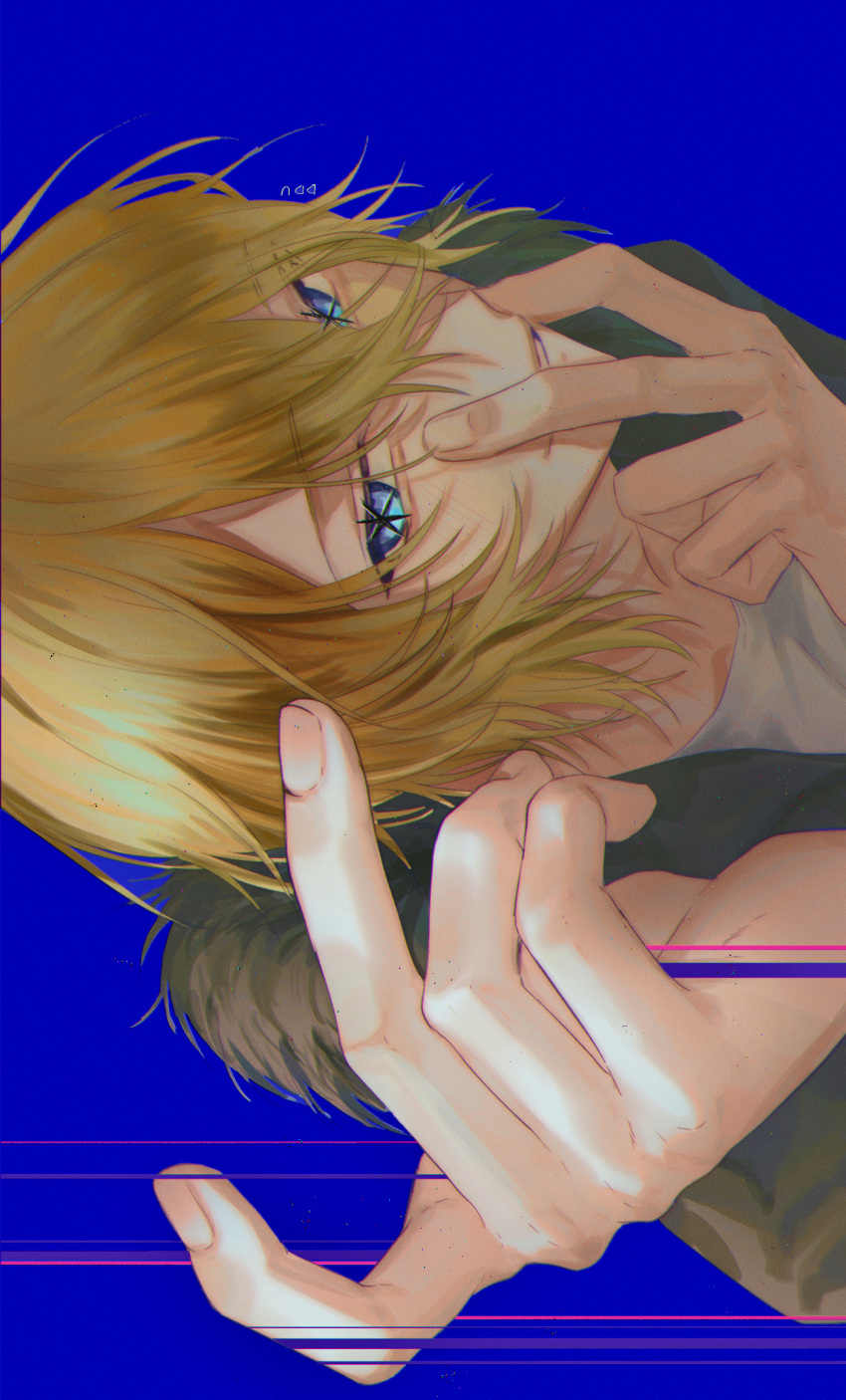 1boy artist_name black_jacket blonde_hair blue_background blue_eyes commentary_request fur-trimmed_jacket fur_trim hair_between_eyes highres jacket kamiki_hikaru korean_commentary light_particles looking_at_viewer male_focus oshi_no_ko parted_lips reaching reaching_towards_viewer shirt short_hair sideways simple_background solo star-shaped_pupils star_(symbol) symbol-shaped_pupils upper_body v_over_mouth white_shirt yubto_45