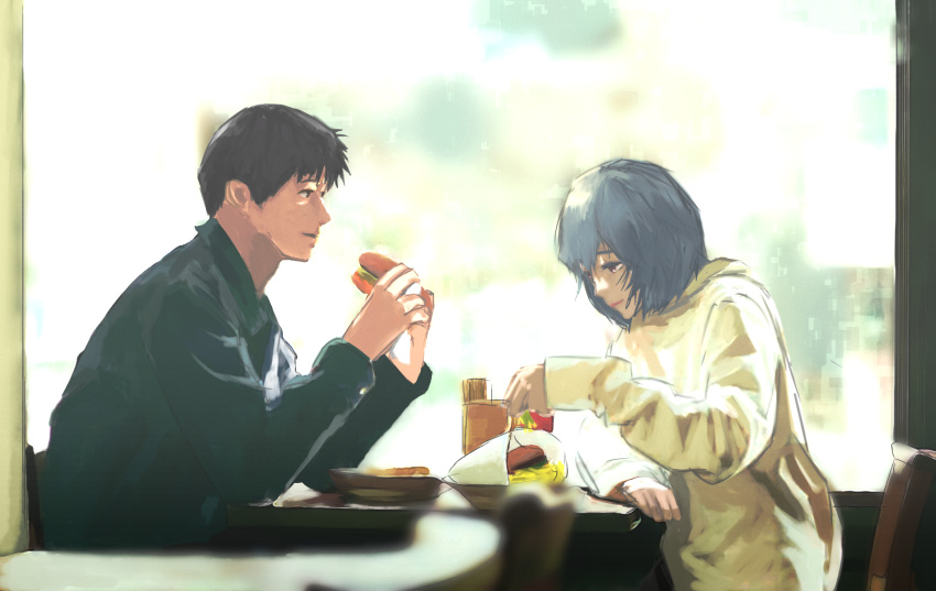 1boy 1girl aged_up ayanami_rei black_shirt blue_hair blurry blurry_foreground burger chair collared_shirt eating food highres holding_sandwich hood hooded_sweater ikari_shinji looking_at_another looking_at_food lunch neon_genesis_evangelion paperpillar plate red_eyes restaurant shirt sitting sweater table window yellow_sweater