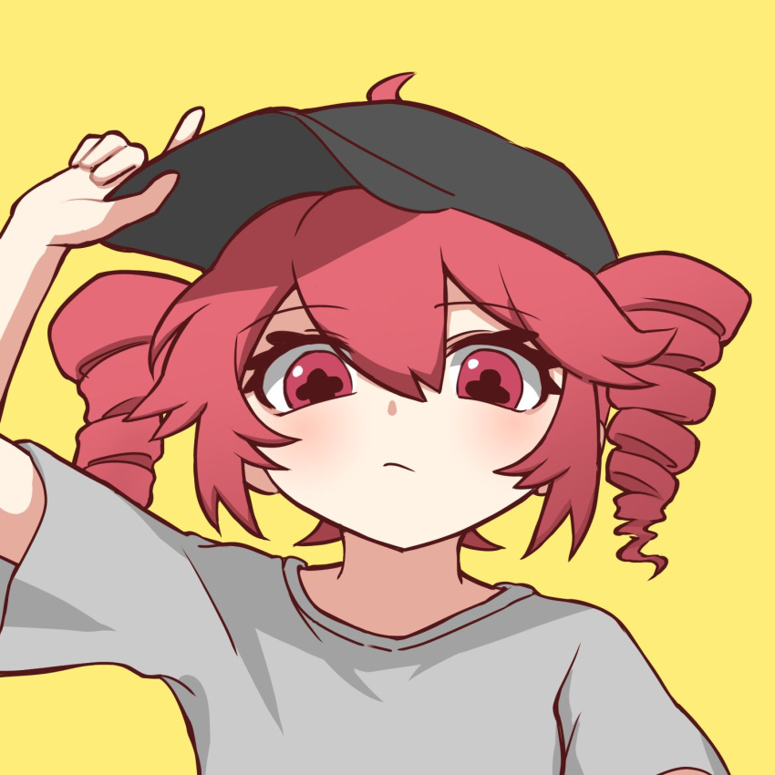+_+ 1girl adjusting_clothes adjusting_headwear baseball_cap blush closed_mouth drill_hair expressionless grey_headwear grey_shirt hair_between_eyes hat highres kasane_teto kuroneko_0139 looking_at_viewer override_(synthesizer_v) red_eyes redhead shirt sidelocks simple_background solo synthesizer_v twin_drills yellow_background