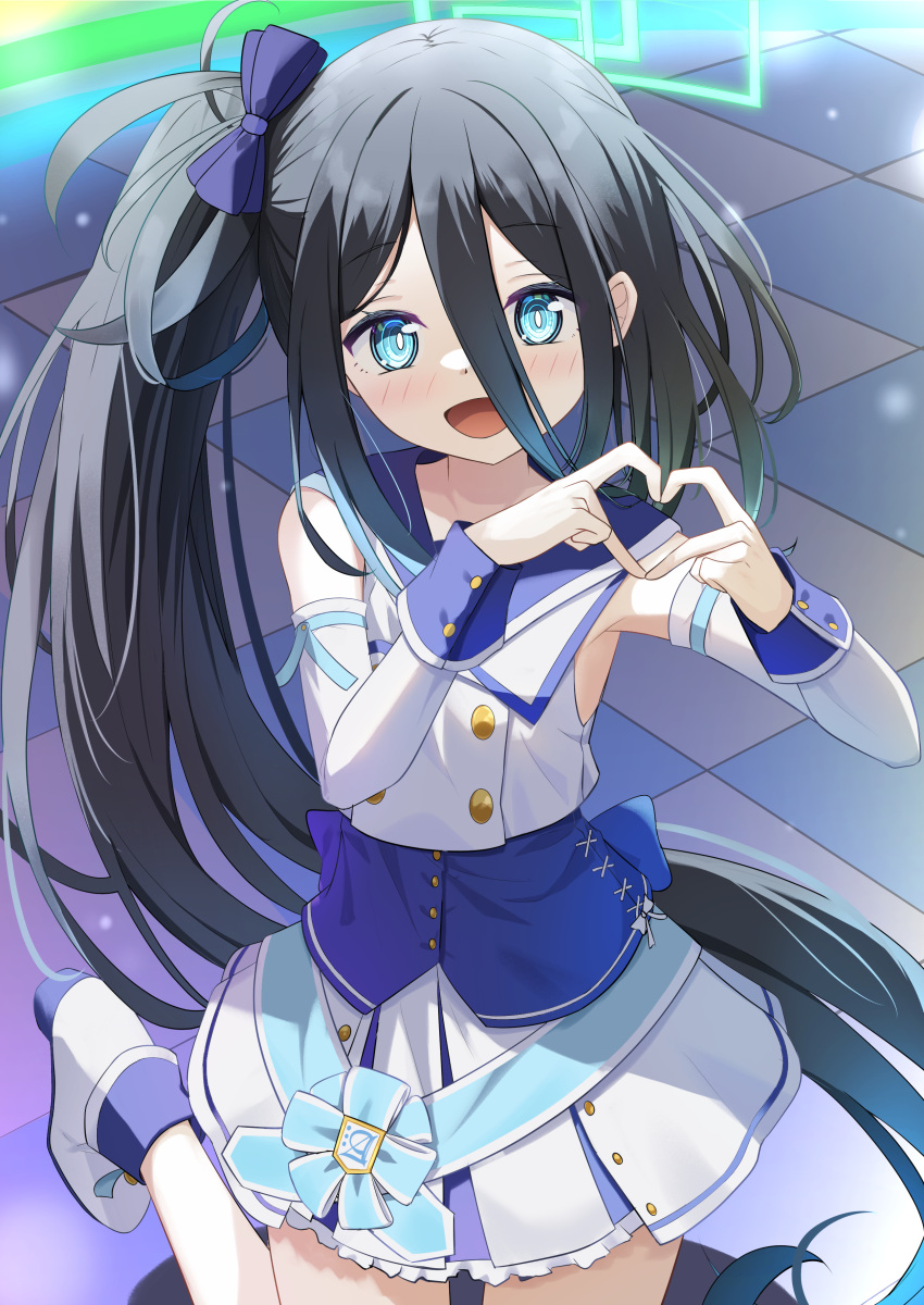 1girl absurdly_long_hair absurdres aris_(blue_archive) bare_shoulders black_hair blue_archive blue_eyes blush cpk_prd detached_sleeves green_halo halo heart heart_hands highres long_hair looking_at_viewer mischievous_straight_uniform_(blue_archive) official_alternate_costume one_side_up open_mouth shirt shoes skirt smile solo very_long_hair white_footwear white_shirt white_skirt white_sleeves