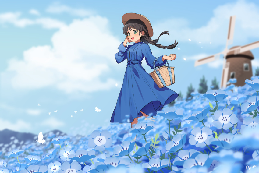 1girl :d arisa_(aren) artist_name black_hair blue_dress blue_flower blue_sky blue_theme blurry blurry_background blush braid bug butterfly clouds day dress field flower flower_field green_eyes hand_on_own_ear hand_up highres long_hair long_sleeves looking_ahead nemophila_(flower) open_mouth original outdoors signature sky smile solo standing twin_braids twintails wind windmill