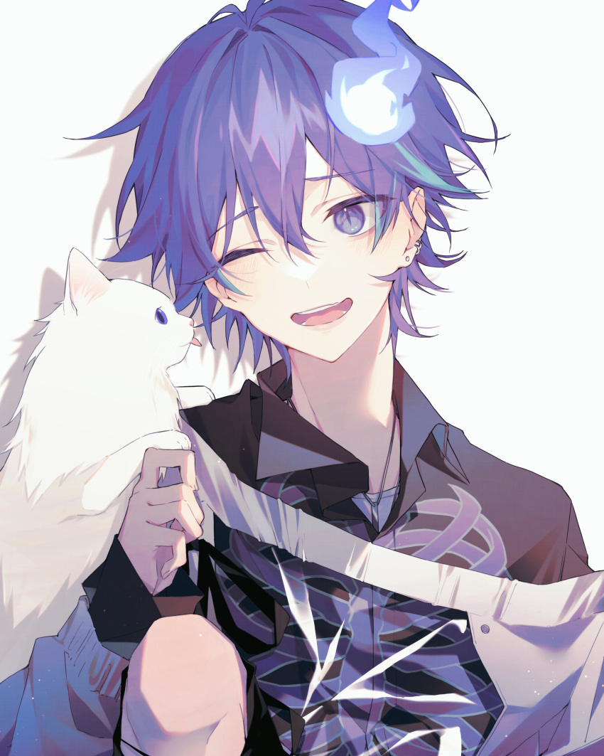 1boy absurdres alternate_hair_length alternate_hairstyle bishounen blue_fire cat cheese_oho collared_shirt earrings facing_viewer fire hair_between_eyes highres hitodama holostars jewelry looking_at_animal minase_rio minase_rio_(1st_costume) one_eye_closed open_mouth purple_hair shadow shirt short_hair skeleton_print slit_pupils solo upper_body violet_eyes virtual_youtuber white_background