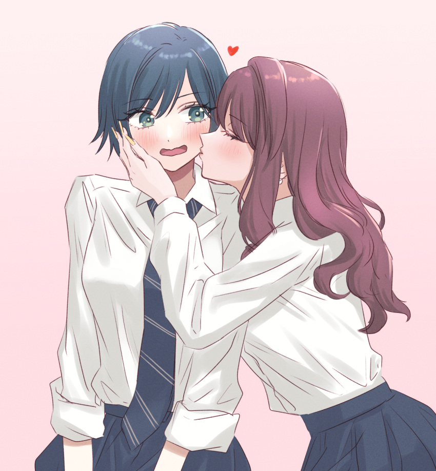 2girls blue_eyes blue_hair blue_skirt blush closed_eyes collared_shirt commentary_request cowboy_shot gradient_background hand_on_another's_cheek hand_on_another's_face heart highres kiss kissing_cheek long_hair long_sleeves looking_at_another multiple_girls nail_polish necktie open_mouth original pink_background pleated_skirt purple_hair sakashima_0822 school_uniform shirt short_hair simple_background skirt striped_necktie swept_bangs wavy_mouth white_background white_shirt yellow_nails yuri