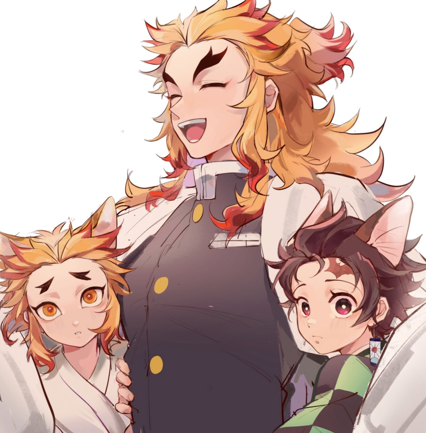 3boys animal_ears blonde_hair brothers brown_hair cape checkered_clothes closed_eyes colored_tips curious demon_slayer_uniform earrings flame_print forked_eyebrows fox_ears hanafuda_earrings haori height_difference highres japanese_clothes jewelry kamado_tanjirou kemonomimi_mode kimetsu_no_yaiba kimono laughing long_hair long_sleeves looking_at_viewer male_focus mimiko_(earnothungry) multicolored_hair multiple_boys open_mouth red_eyes redhead rengoku_kyoujurou rengoku_senjurou scar scar_on_face scar_on_forehead short_hair siblings sidelocks streaked_hair upper_body white_background white_cape white_kimono